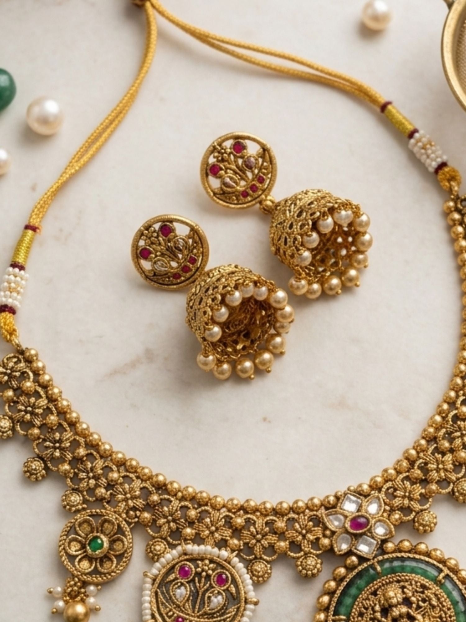 Abdesigns Lakshmi Temple Necklace Set with Antique Gold Finish & Jhumkas