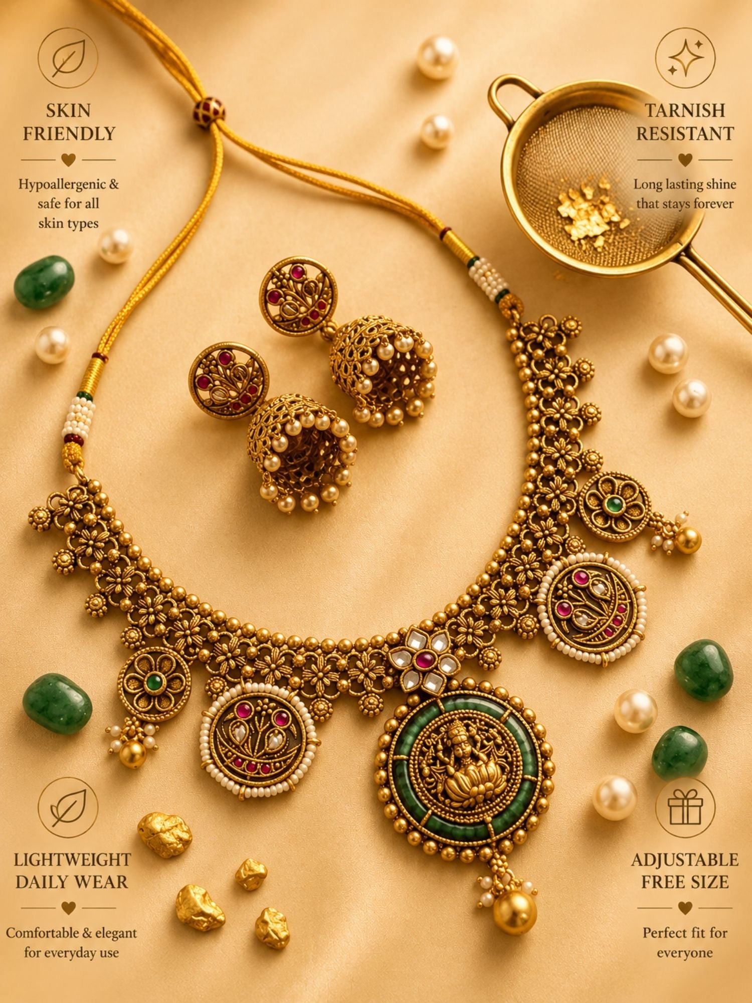 Abdesigns Lakshmi Temple Necklace Set with Antique Gold Finish & Jhumkas