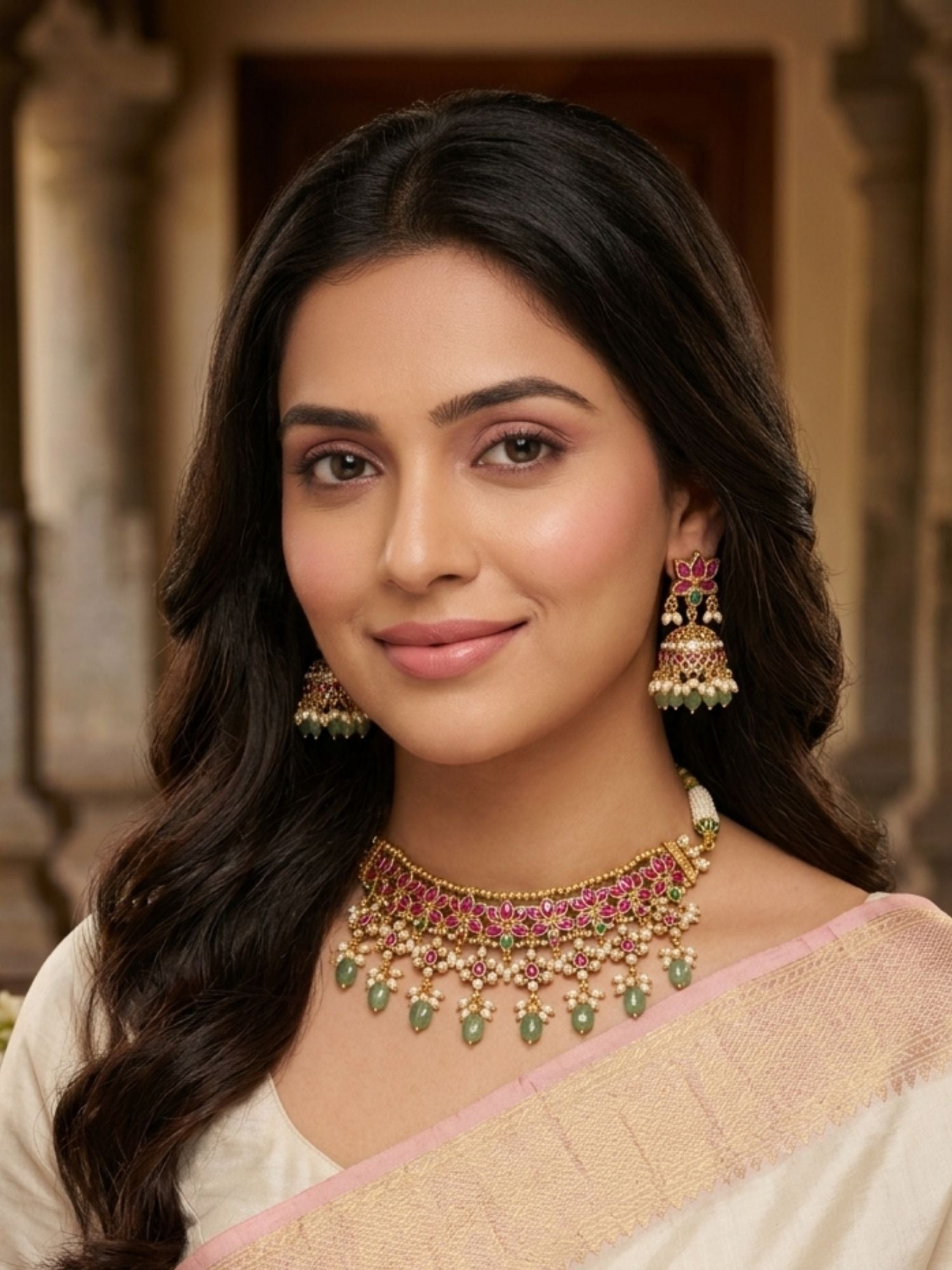 Abdesigns Elegant Ruby Kundan Choker Set with Emerald Drops & Jhumkas