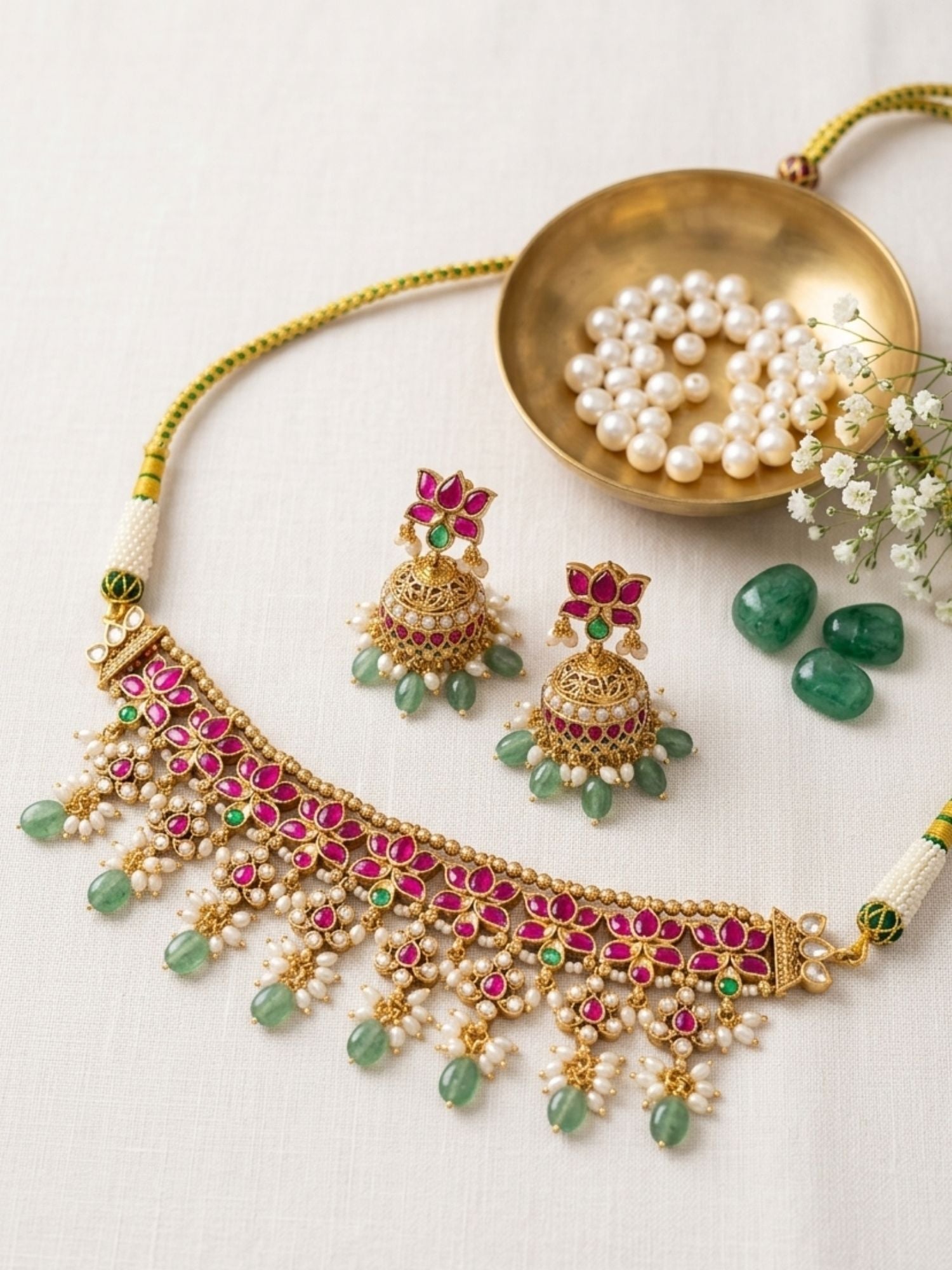 Abdesigns Elegant Ruby Kundan Choker Set with Emerald Drops & Jhumkas