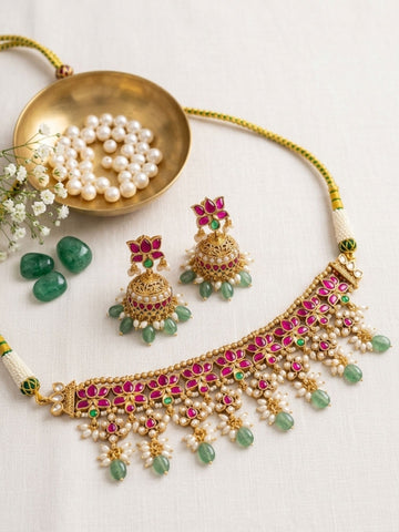 Abdesigns Elegant Ruby Kundan Choker Set with Emerald Drops & Jhumkas