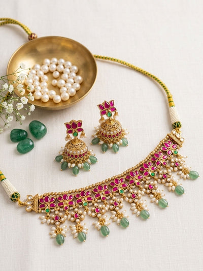 Abdesigns Elegant Ruby Kundan Choker Set with Emerald Drops & Jhumkas