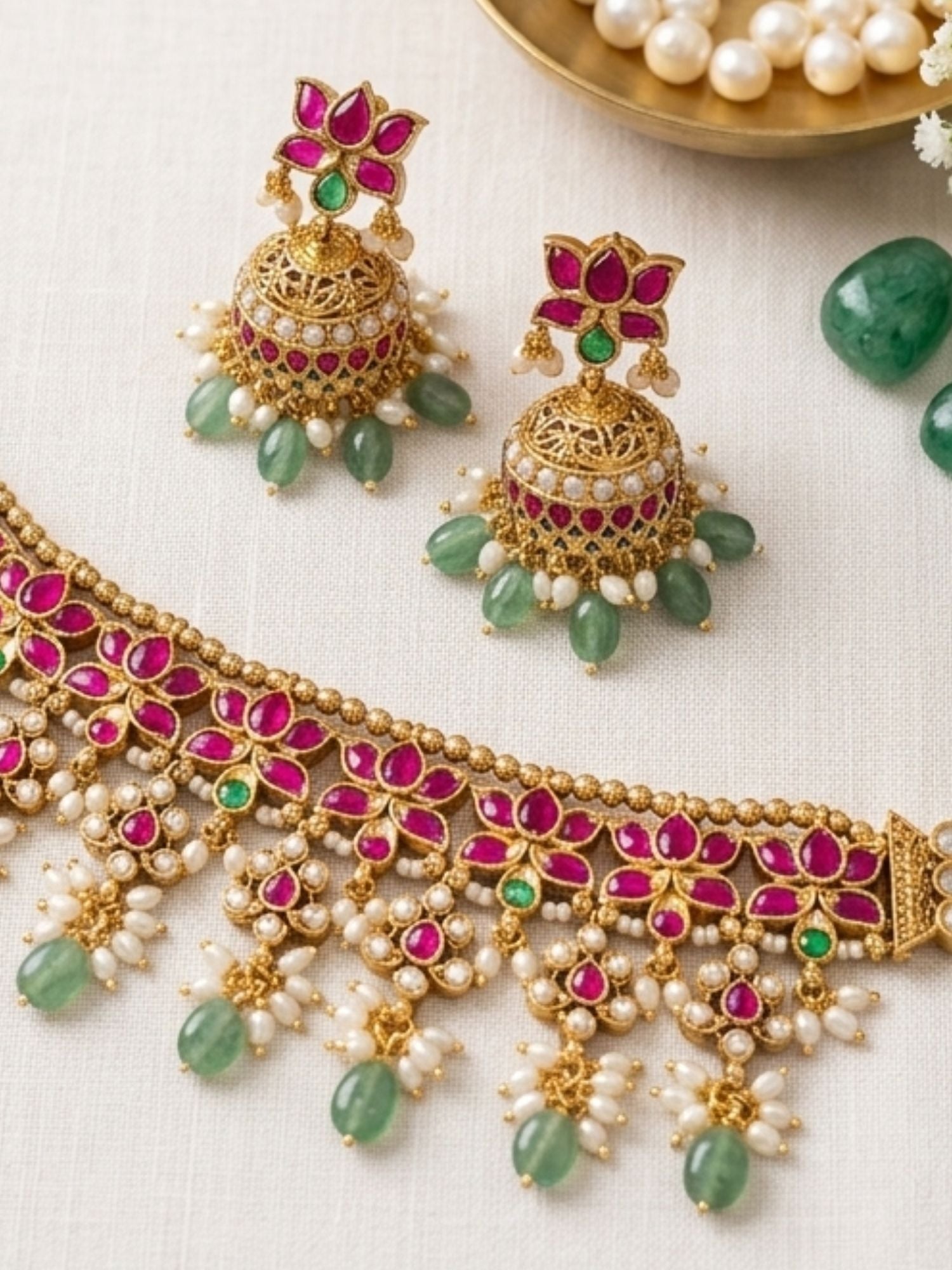 Abdesigns Elegant Ruby Kundan Choker Set with Emerald Drops & Jhumkas
