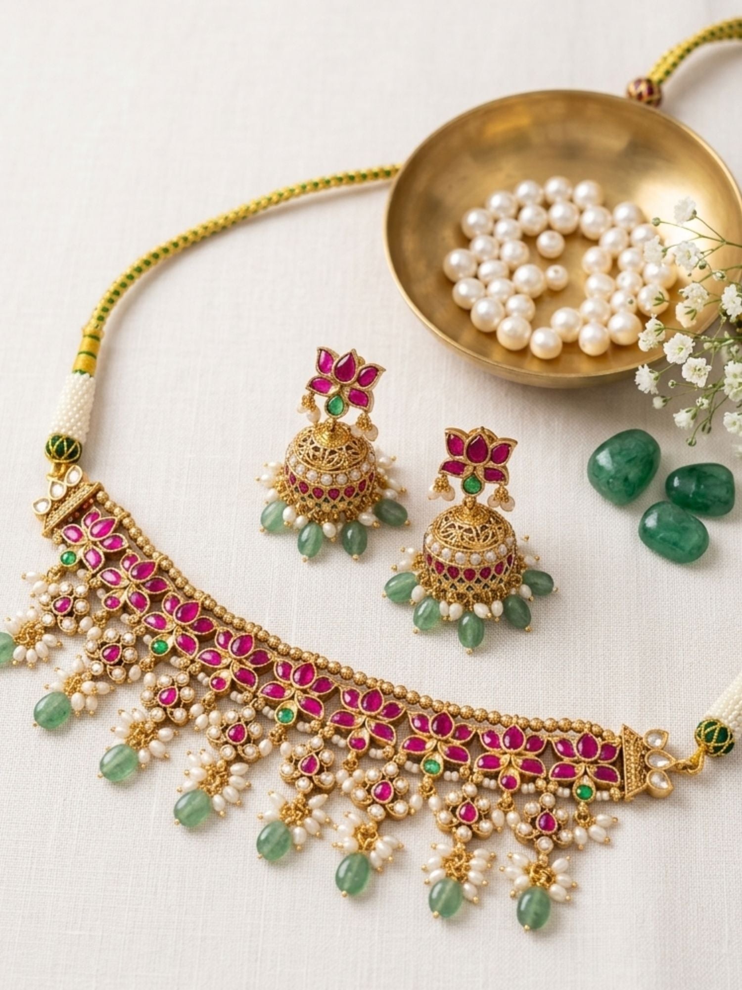 Abdesigns Elegant Ruby Kundan Choker Set with Emerald Drops & Jhumkas