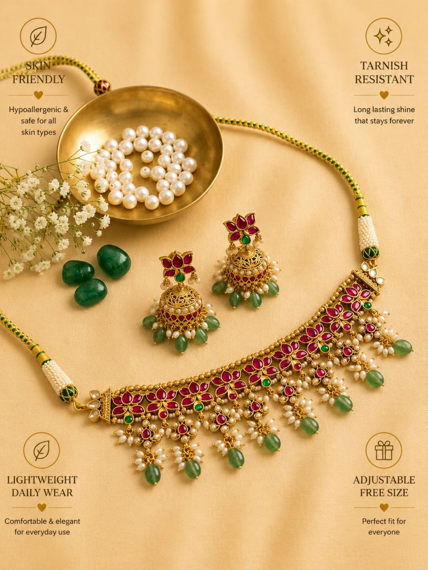 Elegant Ruby Kundan Choker Set with Emerald Drops & Jhumkas - necklace by Abdesigns Jewellery