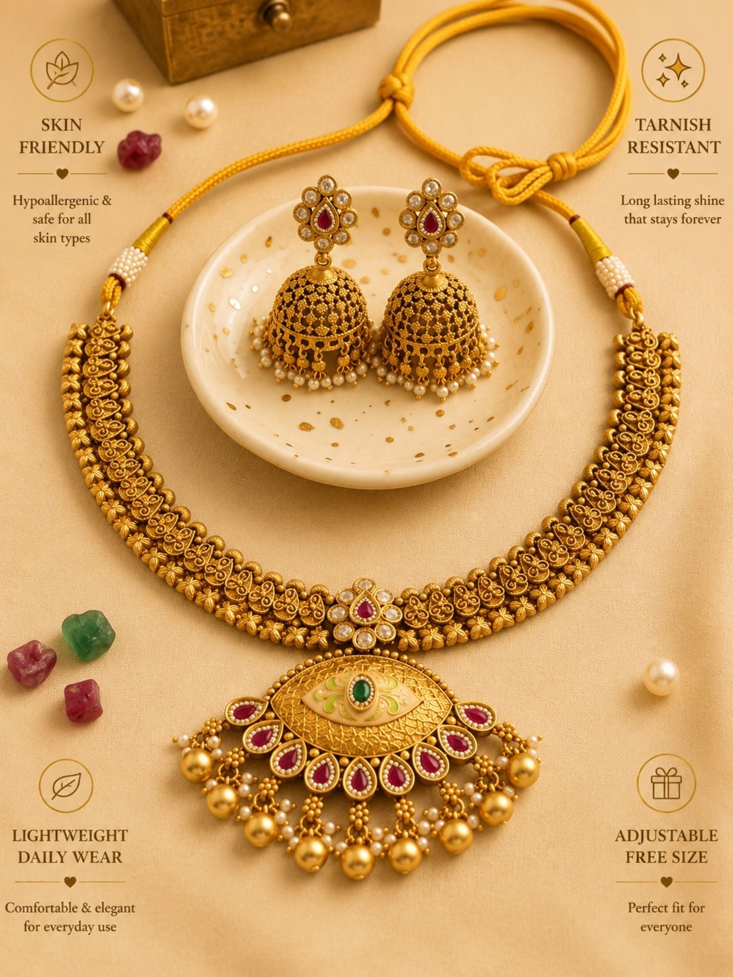 Abdesigns Royal Antique Gold Kundan Choker Set with Statement Pendant & Jhumkas