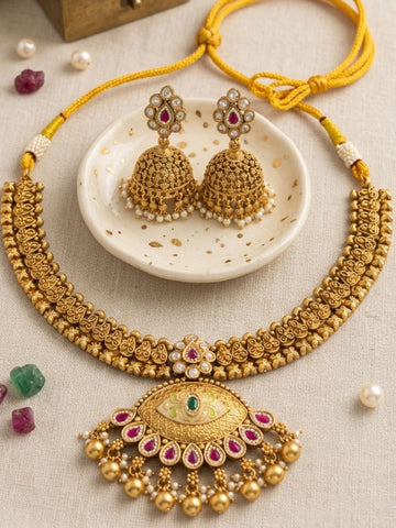 Abdesigns Royal Antique Gold Kundan Choker Set with Statement Pendant & Jhumkas