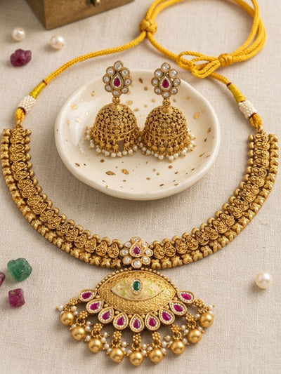 Abdesigns Royal Antique Gold Kundan Choker Set with Statement Pendant & Jhumkas
