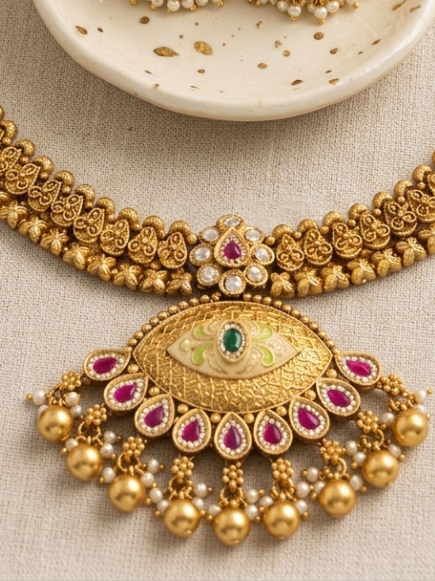 Abdesigns Royal Antique Gold Kundan Choker Set with Statement Pendant & Jhumkas