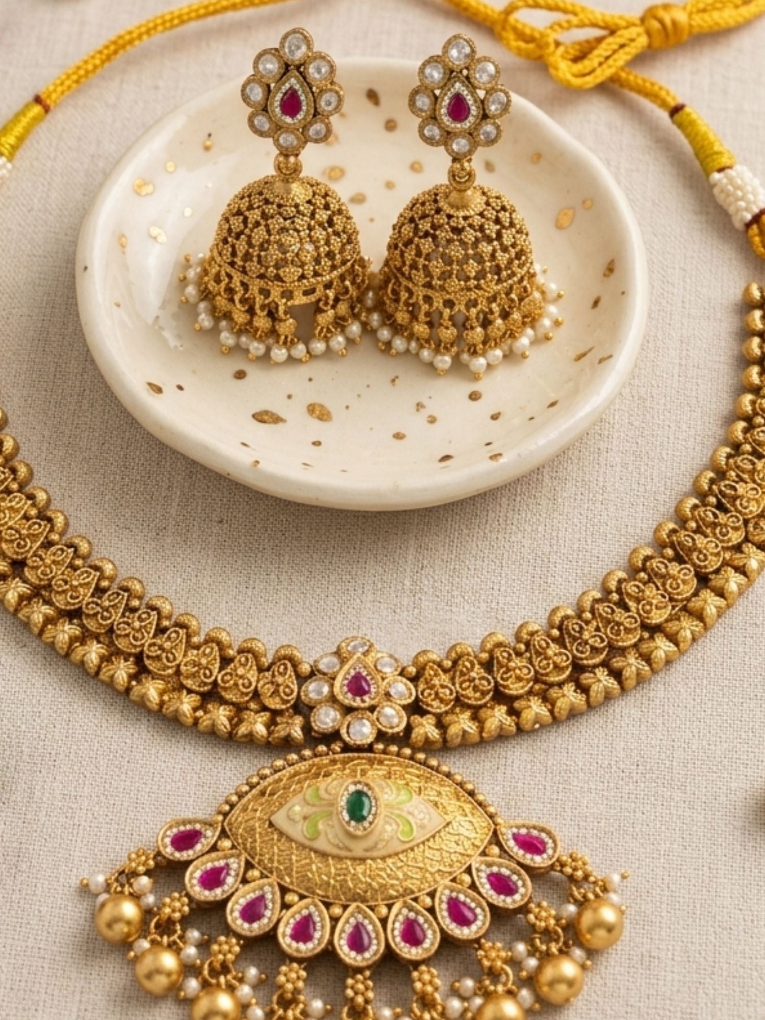 Abdesigns Royal Antique Gold Kundan Choker Set with Statement Pendant & Jhumkas