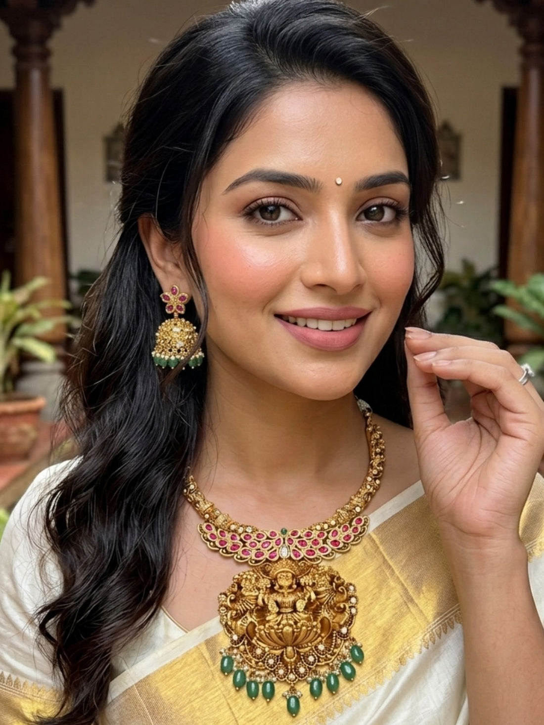 Abdesigns Royal Lakshmi Temple Necklace Set with Antique Gold Finish & Green Drops