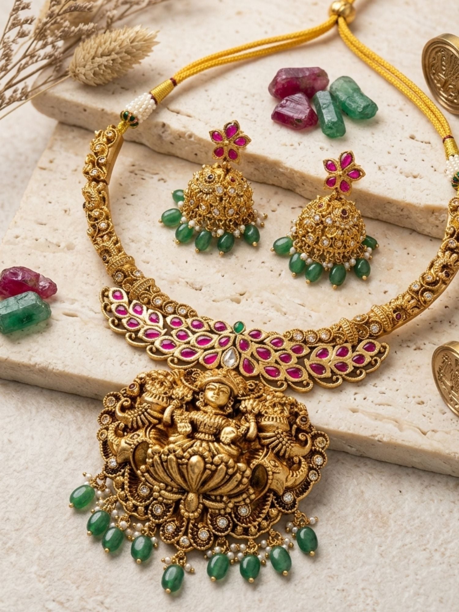 Abdesigns Royal Lakshmi Temple Necklace Set with Antique Gold Finish & Green Drops