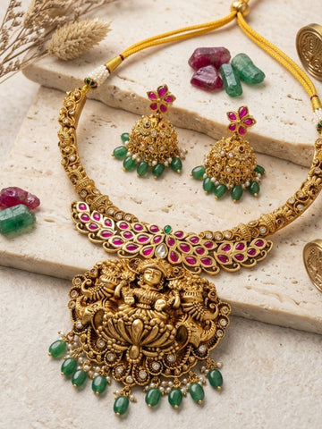 Abdesigns Royal Lakshmi Temple Necklace Set with Antique Gold Finish & Green Drops