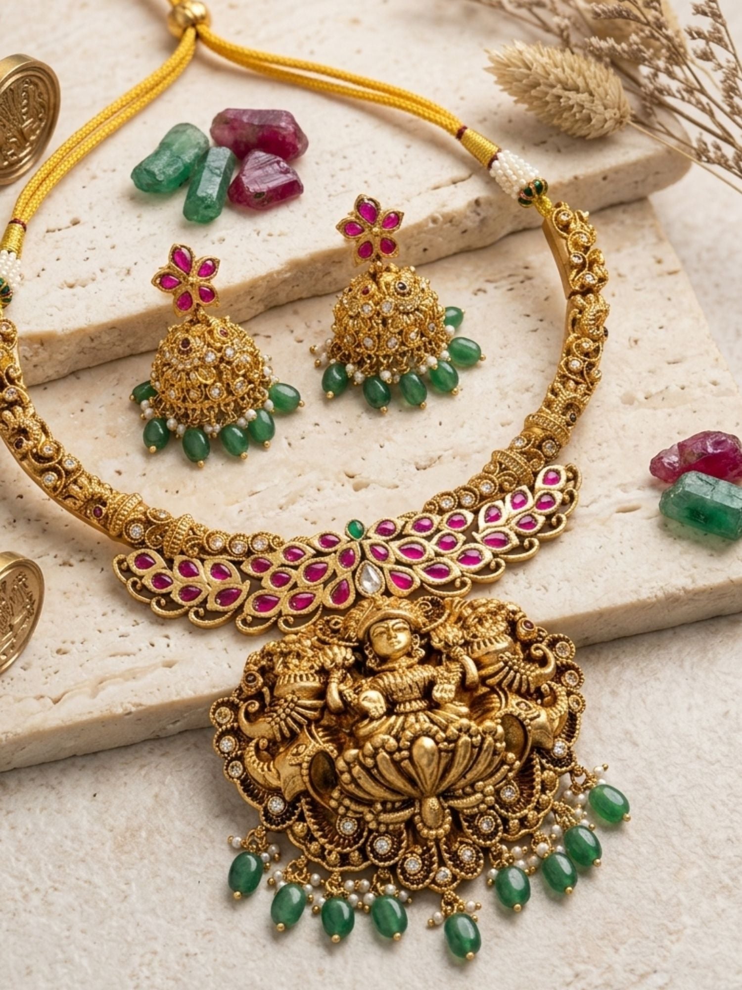 Abdesigns Royal Lakshmi Temple Necklace Set with Antique Gold Finish & Green Drops