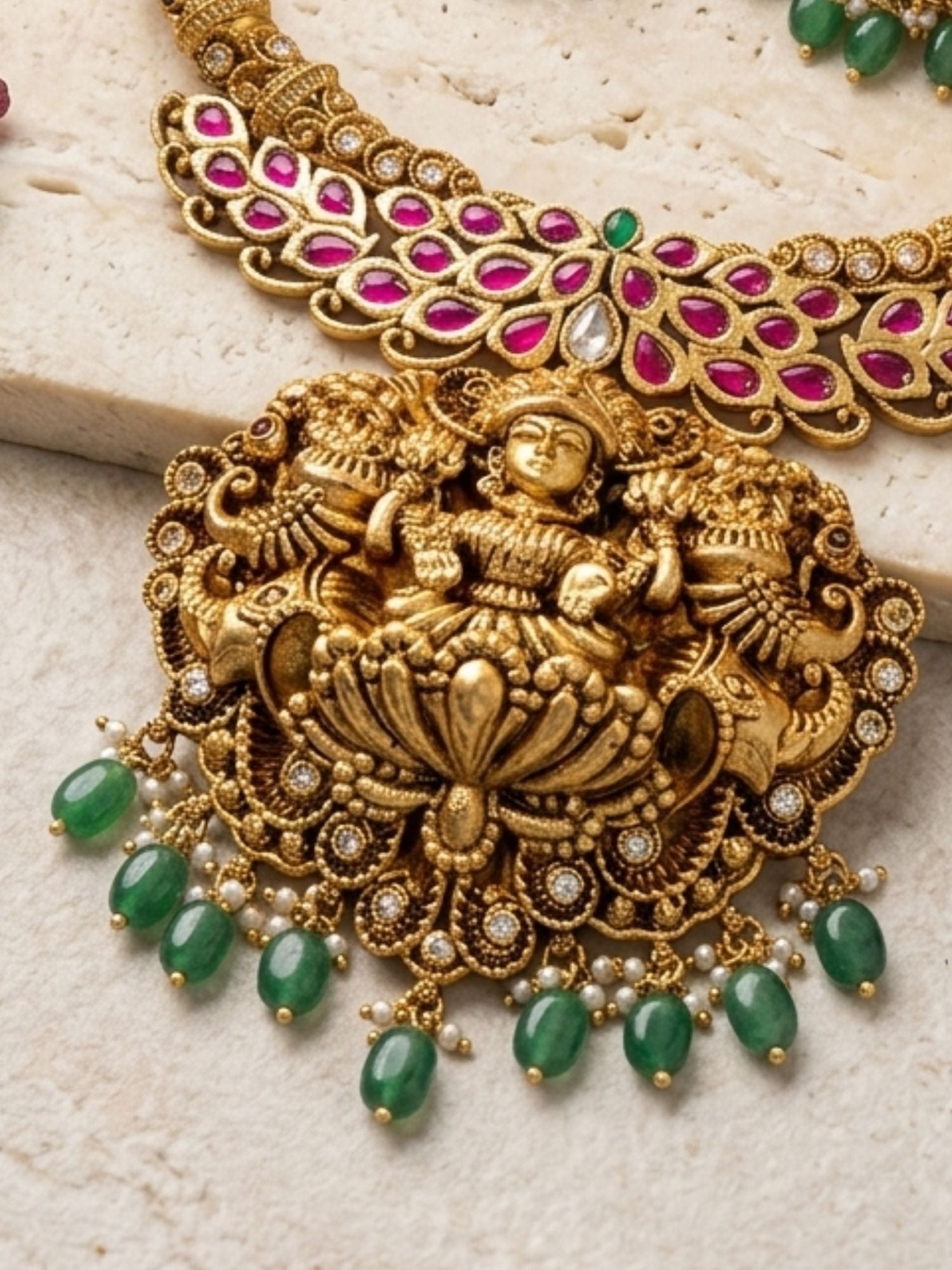 Abdesigns Royal Lakshmi Temple Necklace Set with Antique Gold Finish & Green Drops