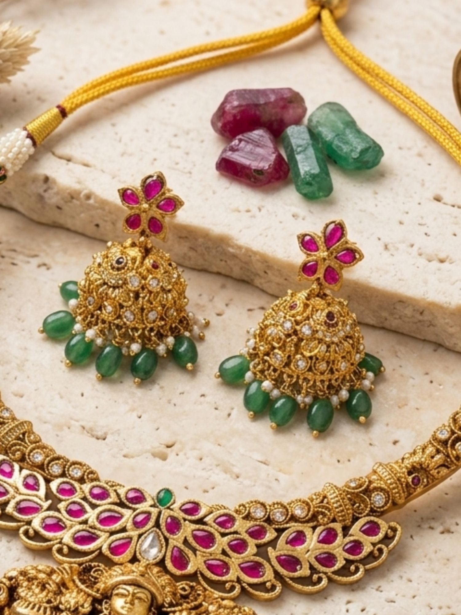 Abdesigns Royal Lakshmi Temple Necklace Set with Antique Gold Finish & Green Drops