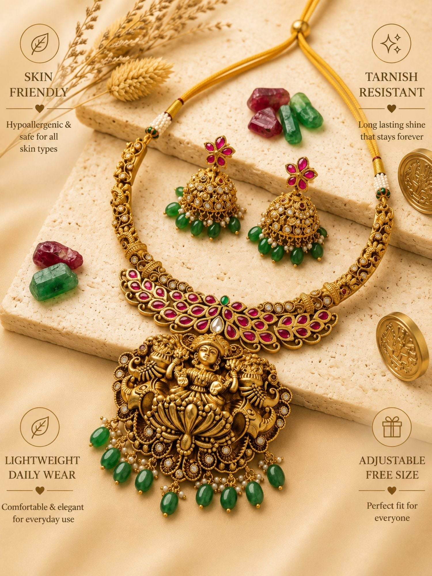 Abdesigns Royal Lakshmi Temple Necklace Set with Antique Gold Finish & Green Drops