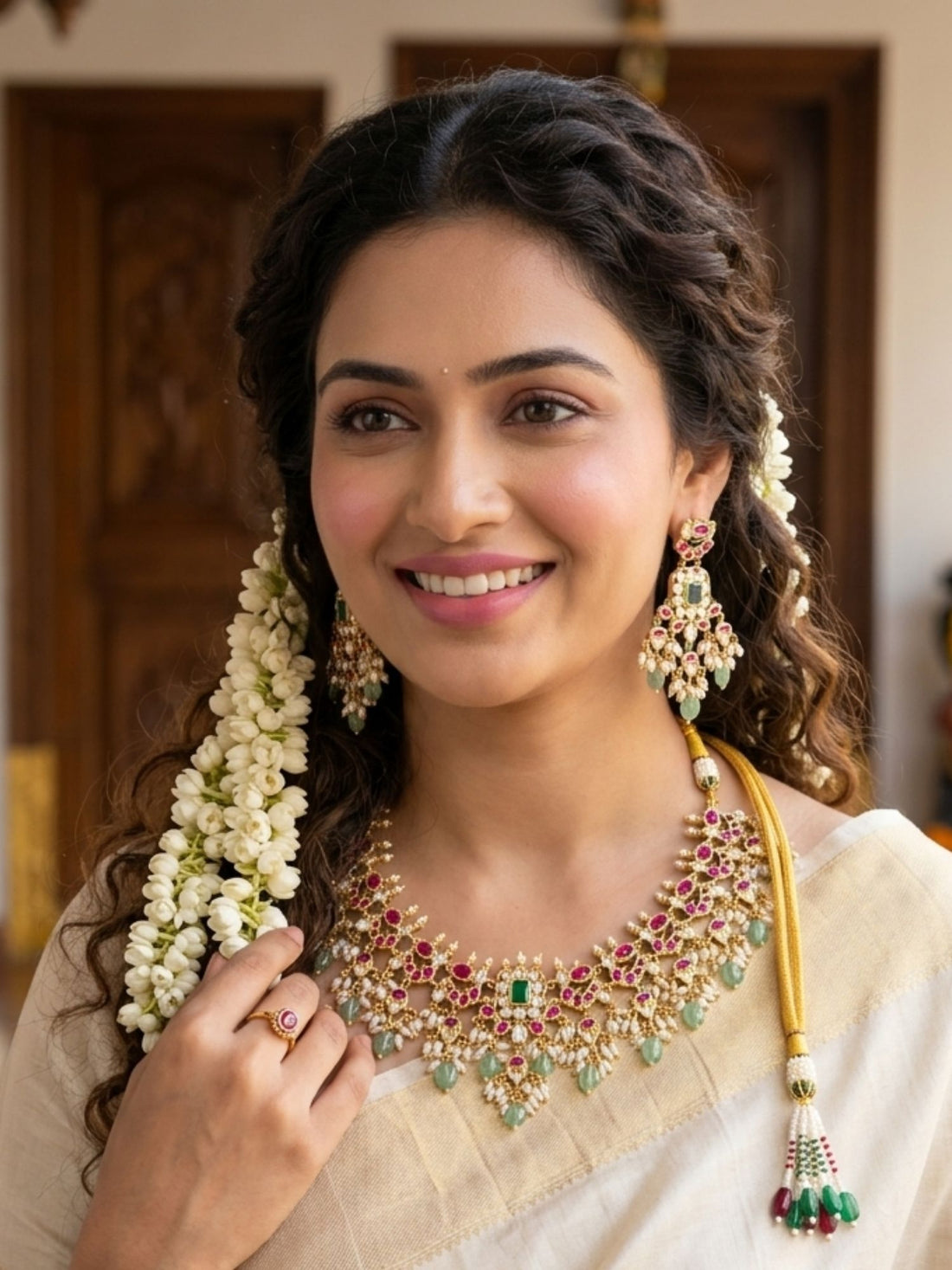 Abdesigns Royal Kundan Choker Set with Emerald Center & Green Drops