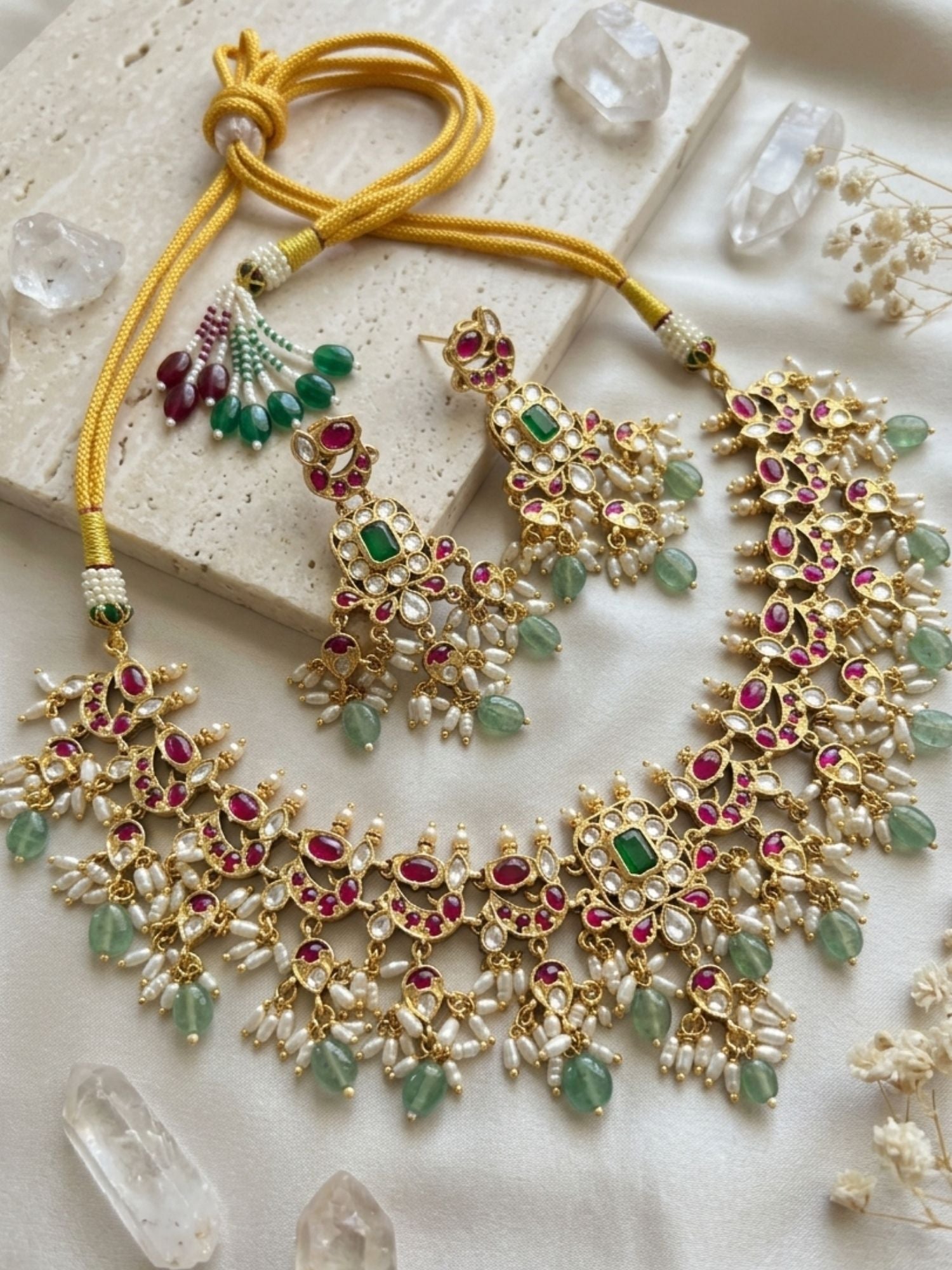 Abdesigns Royal Kundan Choker Set with Emerald Center & Green Drops