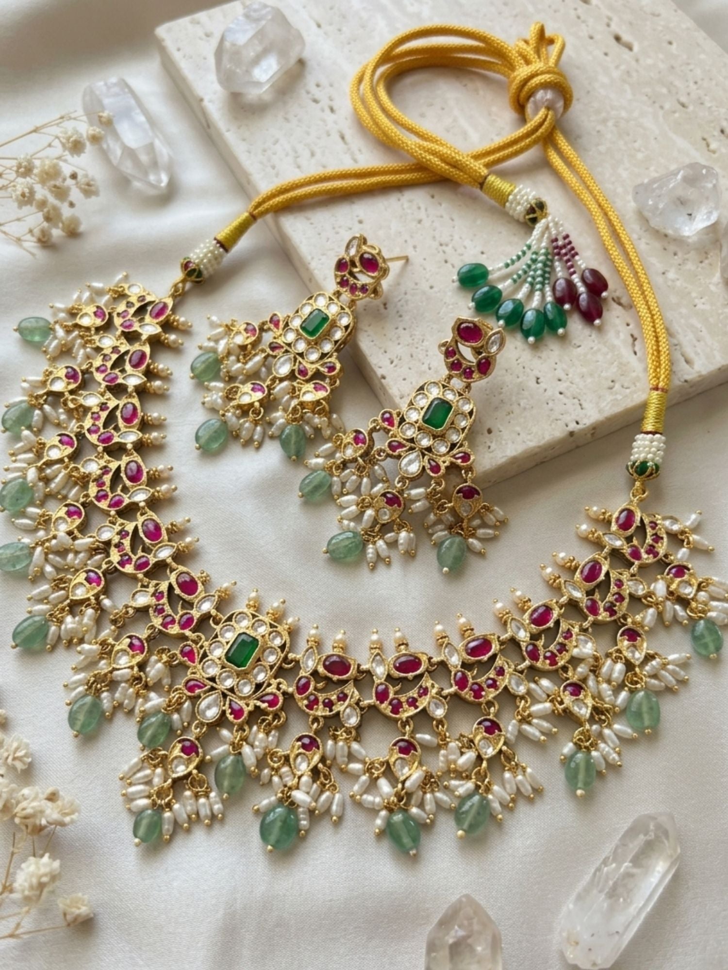 Abdesigns Royal Kundan Choker Set with Emerald Center & Green Drops