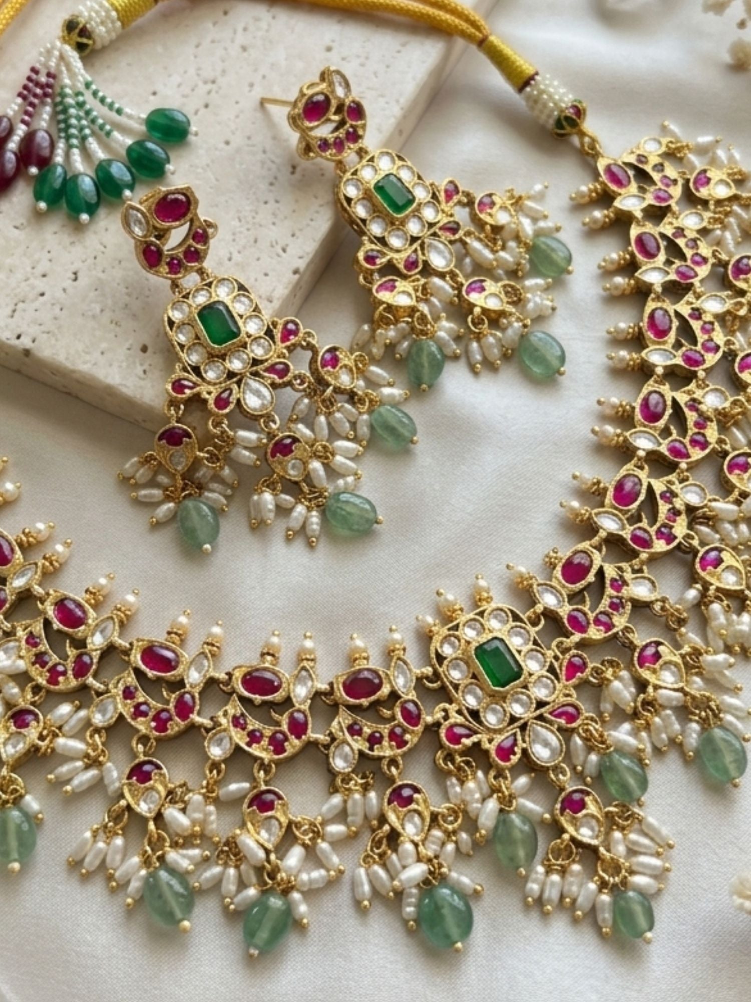 Abdesigns Royal Kundan Choker Set with Emerald Center & Green Drops