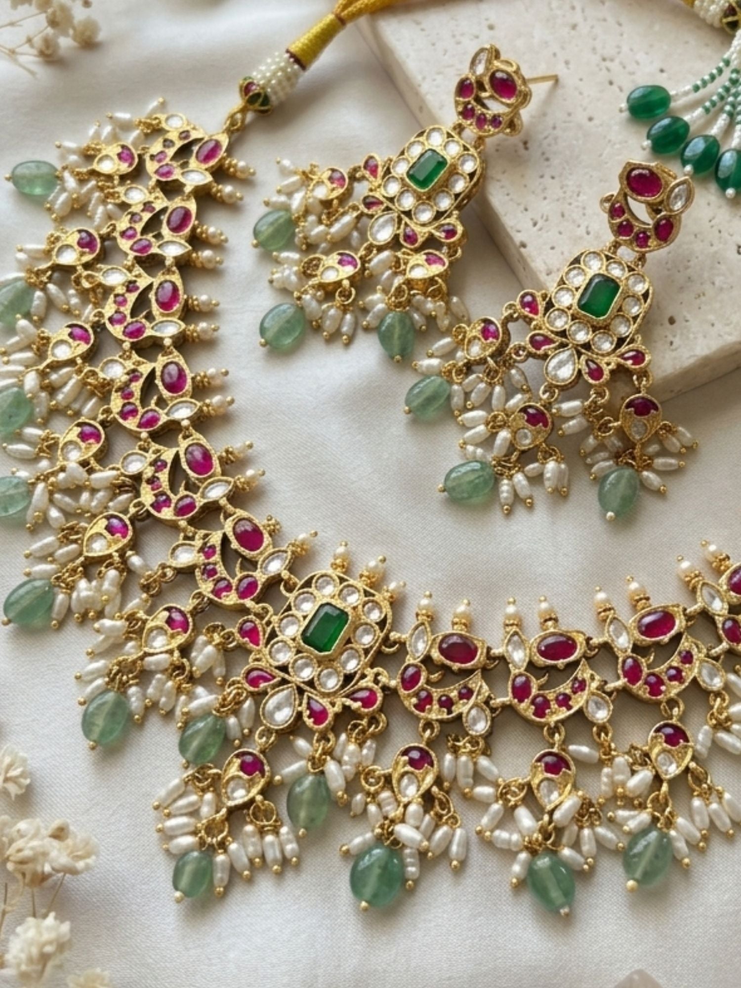 Abdesigns Royal Kundan Choker Set with Emerald Center & Green Drops