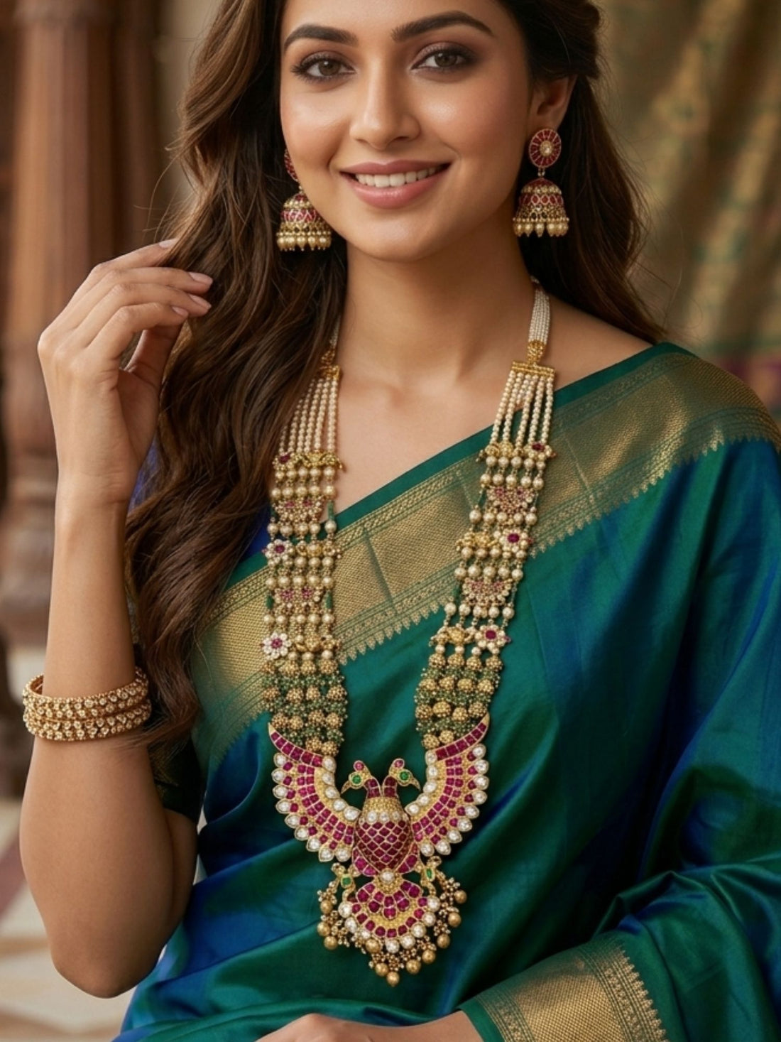 Abdesigns Royal Peacock Kundan Necklace Set with Pearl Layers & Emerald Accents