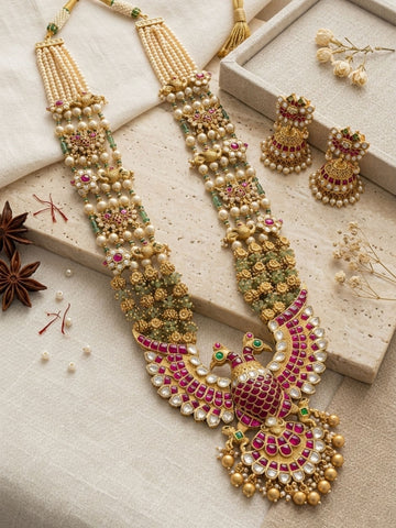 Abdesigns Royal Peacock Kundan Necklace Set with Pearl Layers & Emerald Accents