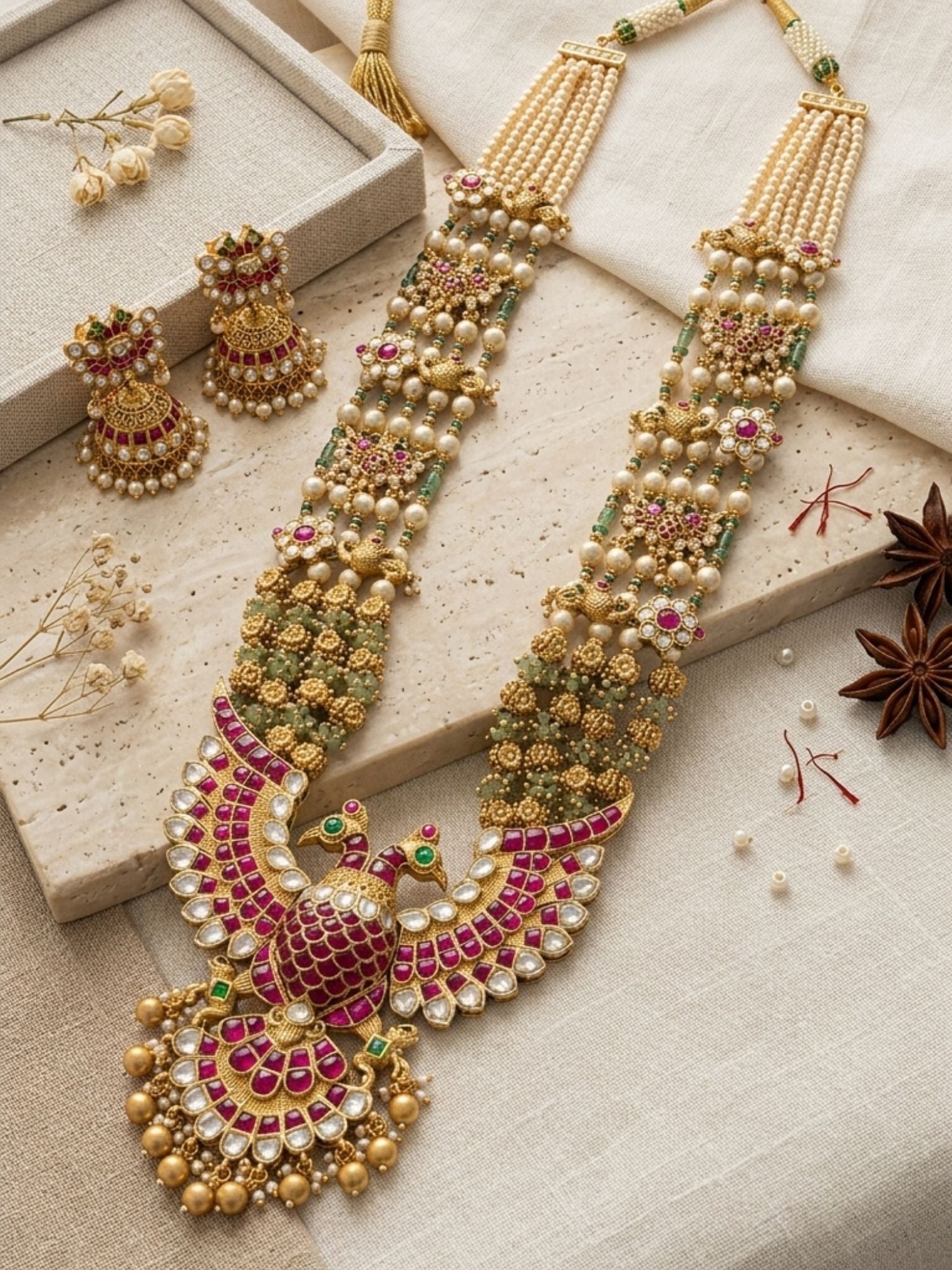 Abdesigns Royal Peacock Kundan Necklace Set with Pearl Layers & Emerald Accents