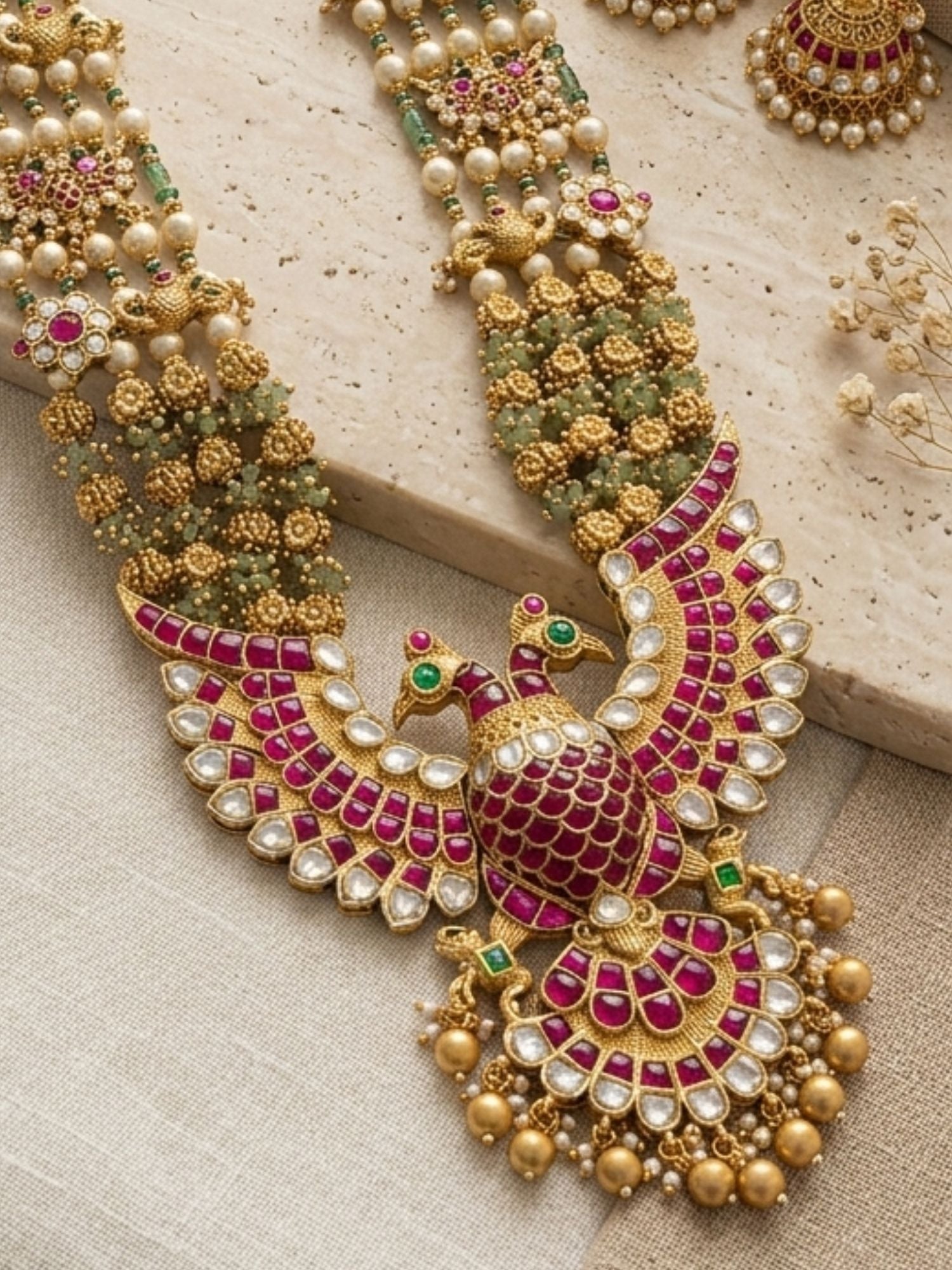 Abdesigns Royal Peacock Kundan Necklace Set with Pearl Layers & Emerald Accents