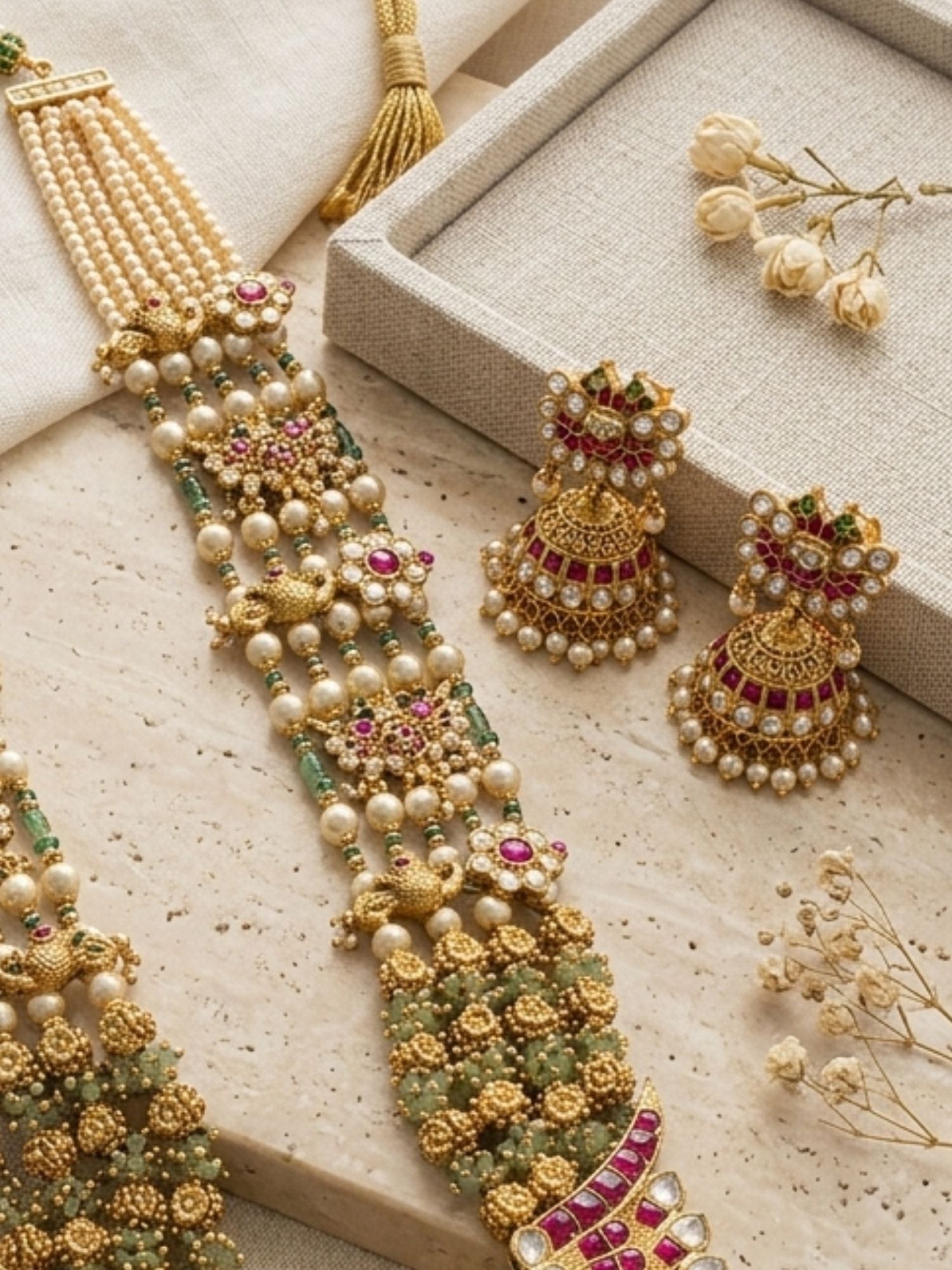 Abdesigns Royal Peacock Kundan Necklace Set with Pearl Layers & Emerald Accents
