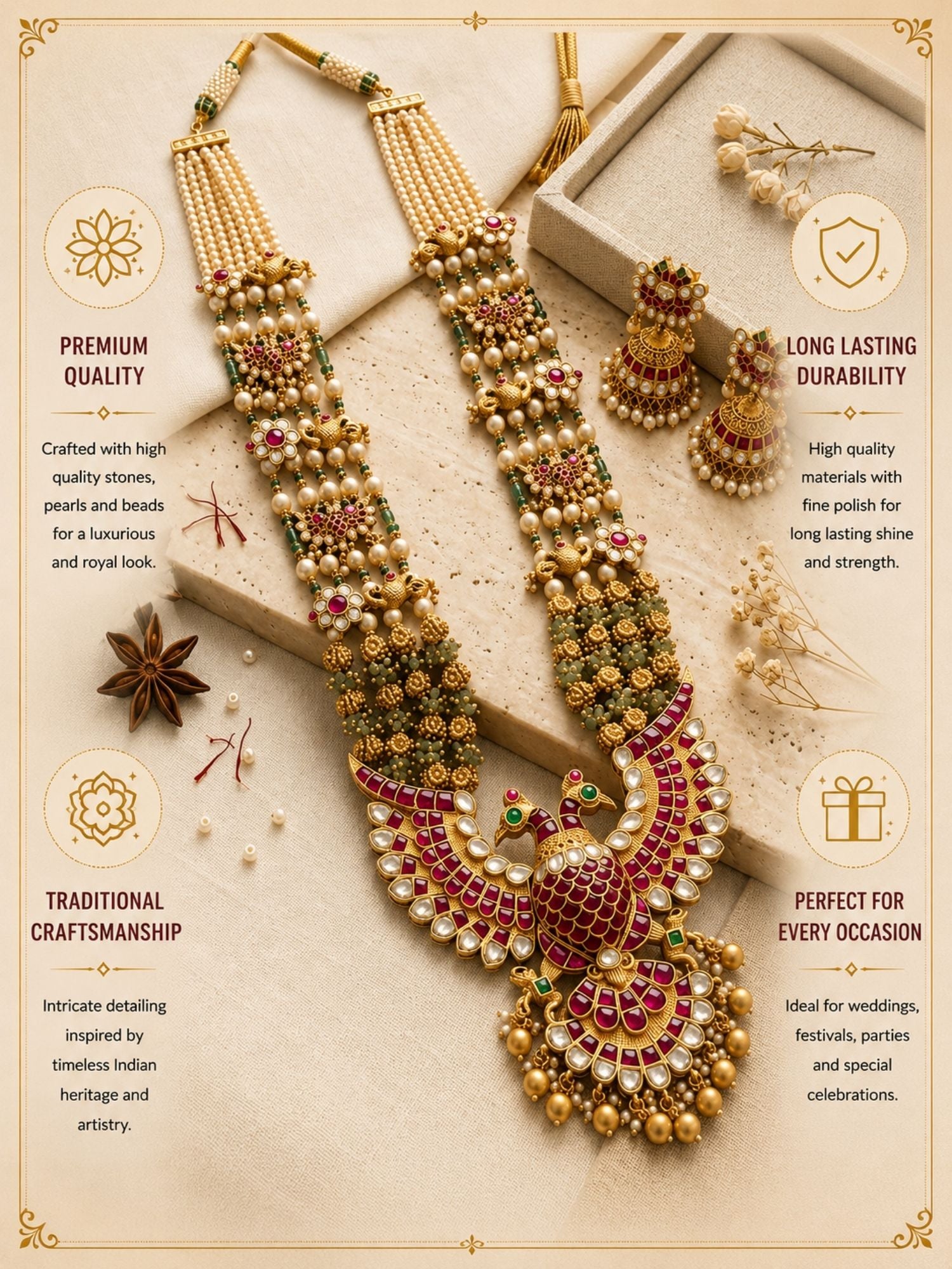 Abdesigns Royal Peacock Kundan Necklace Set with Pearl Layers & Emerald Accents