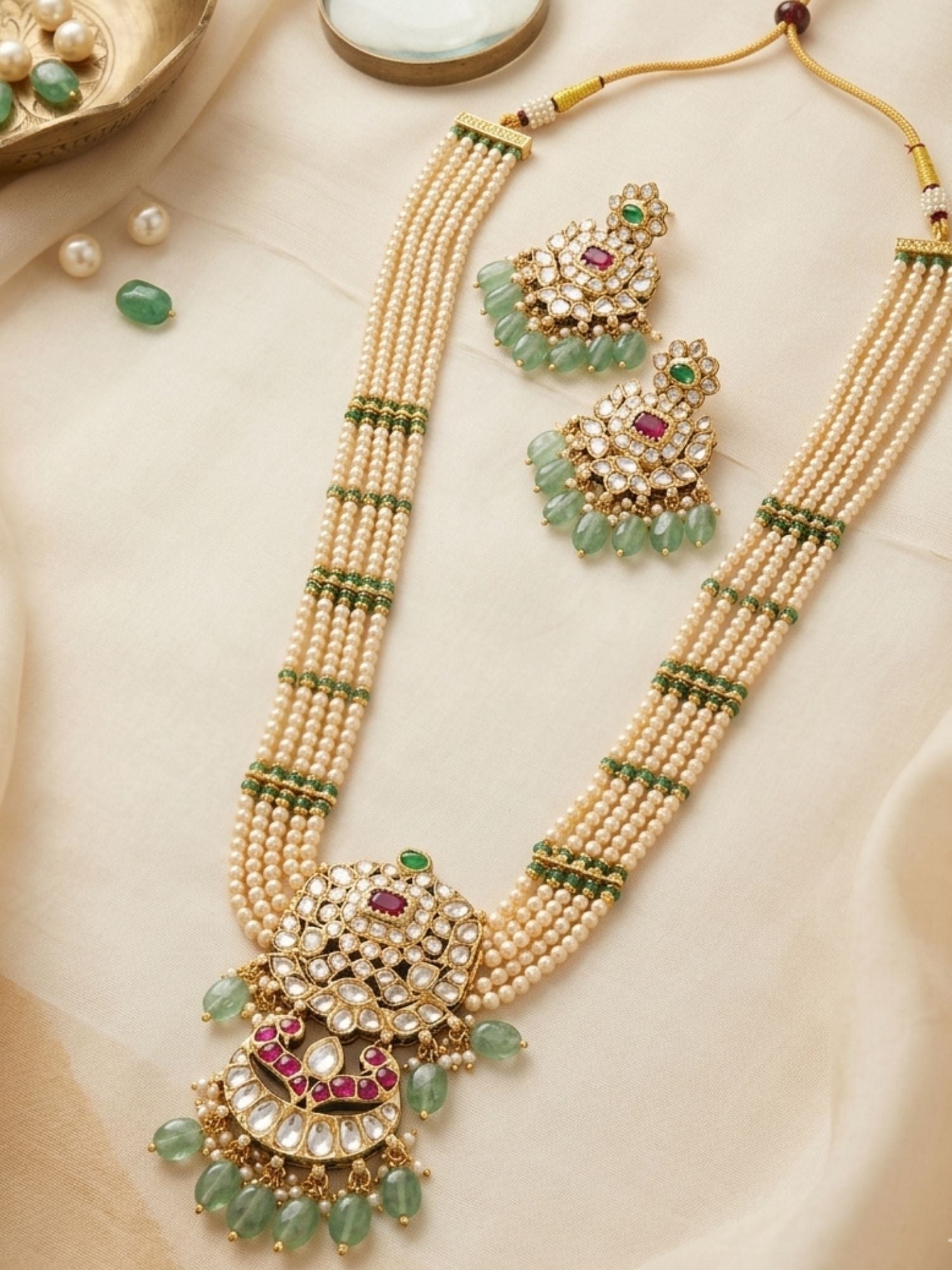 Abdesigns Elegant Pearl & Emerald Kundan Long Necklace Set with Statement Pendant