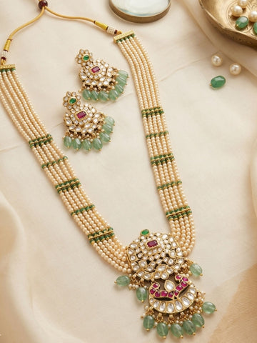 Abdesigns Elegant Pearl & Emerald Kundan Long Necklace Set with Statement Pendant