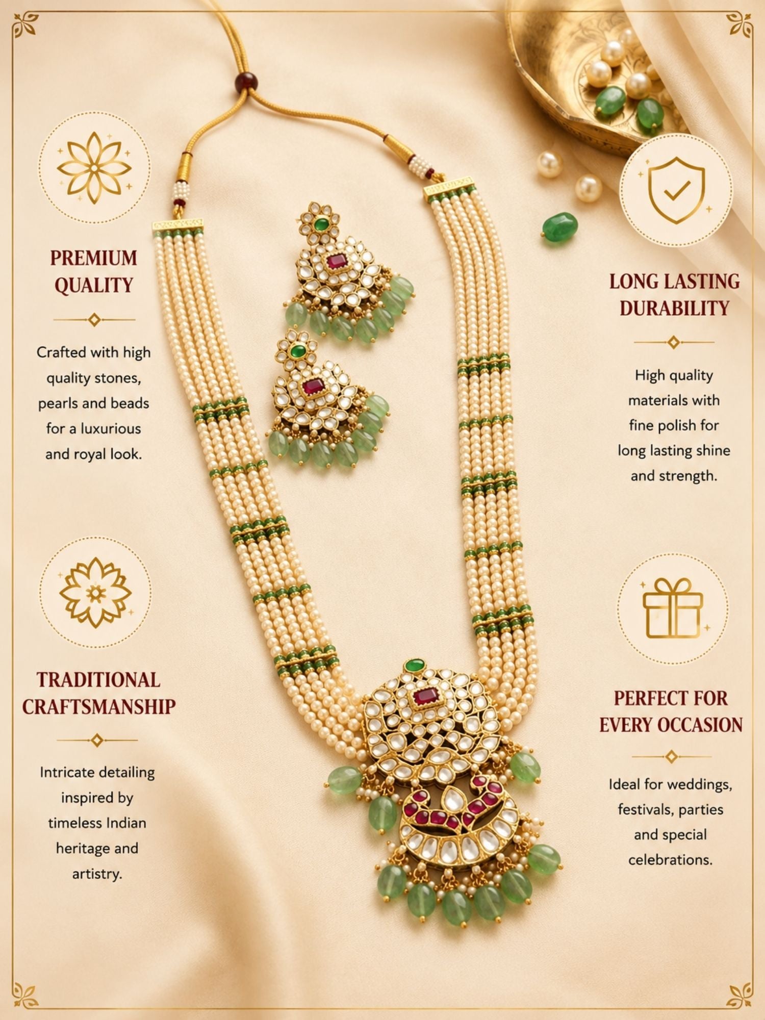 Abdesigns Elegant Pearl & Emerald Kundan Long Necklace Set with Statement Pendant