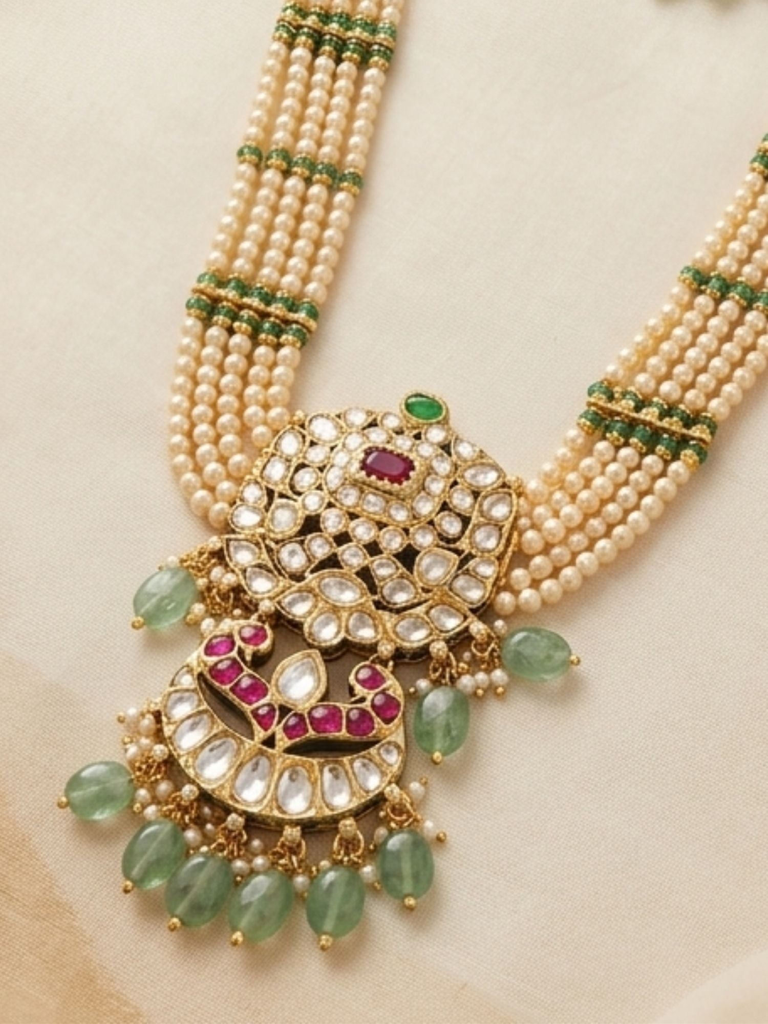 Abdesigns Elegant Pearl & Emerald Kundan Long Necklace Set with Statement Pendant