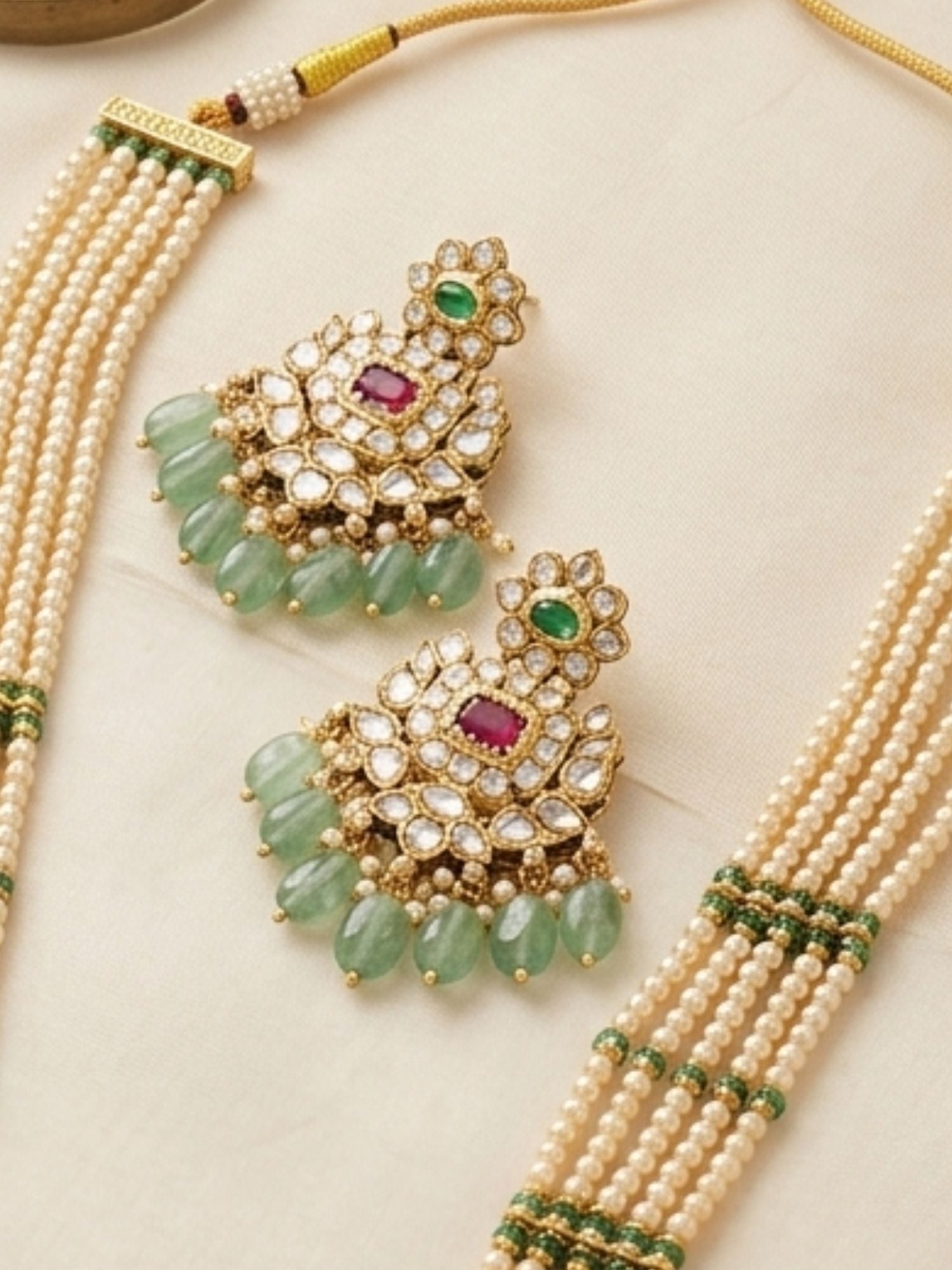 Abdesigns Elegant Pearl & Emerald Kundan Long Necklace Set with Statement Pendant