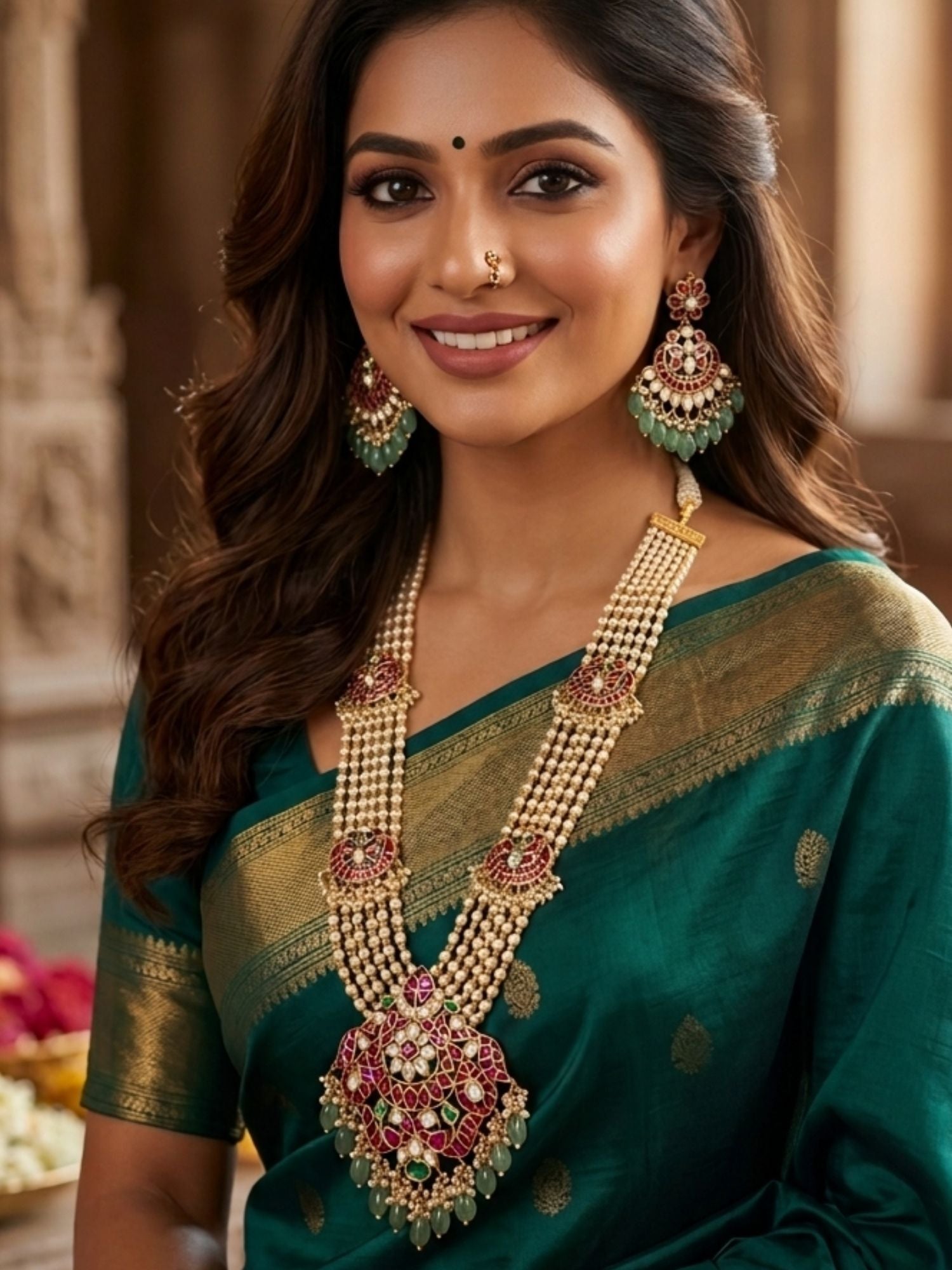 Abdesigns Royal Multi-Layer Pearl Kundan Necklace Set with Pink Stone Pendant