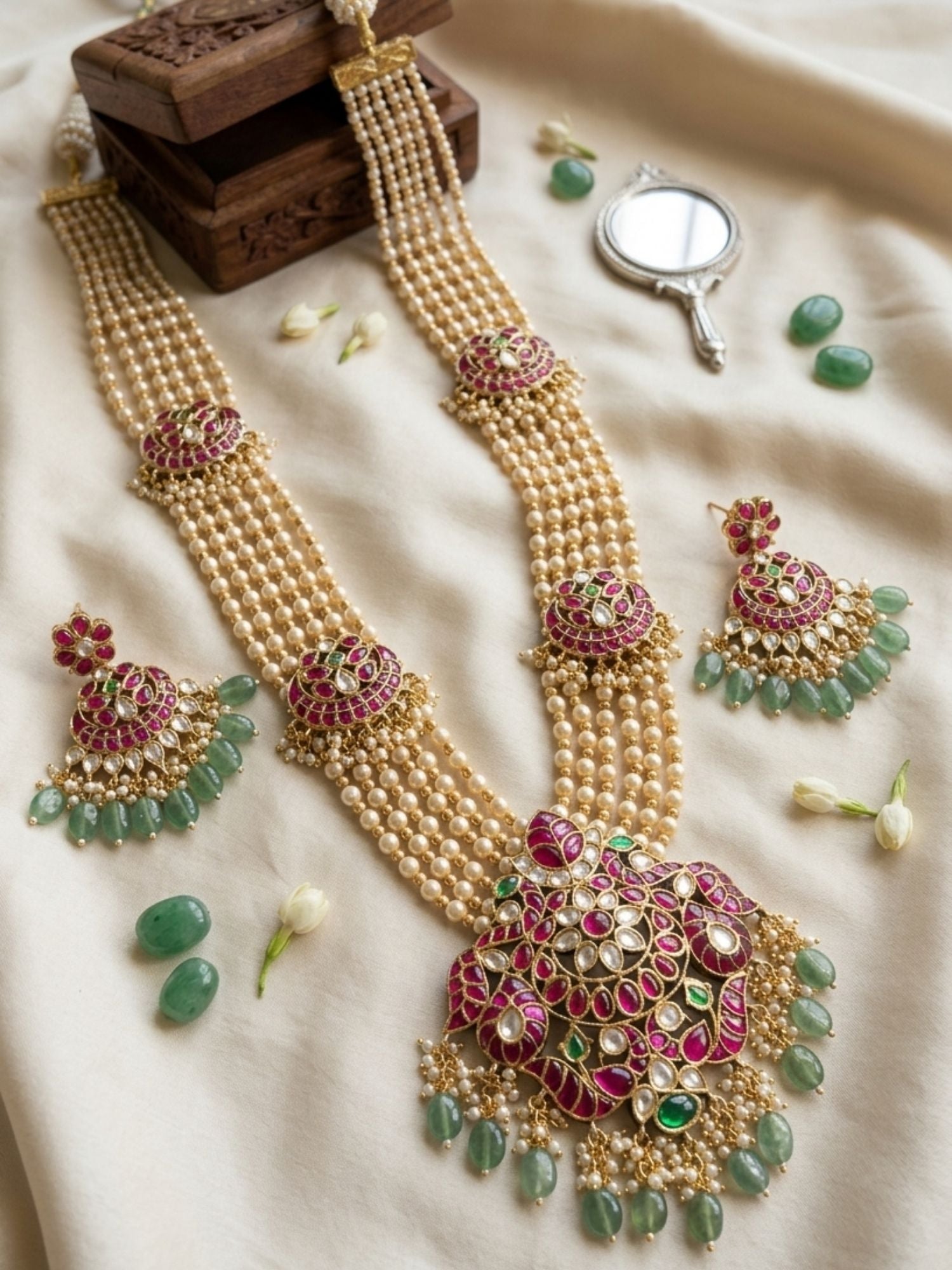 Abdesigns Royal Multi-Layer Pearl Kundan Necklace Set with Pink Stone Pendant