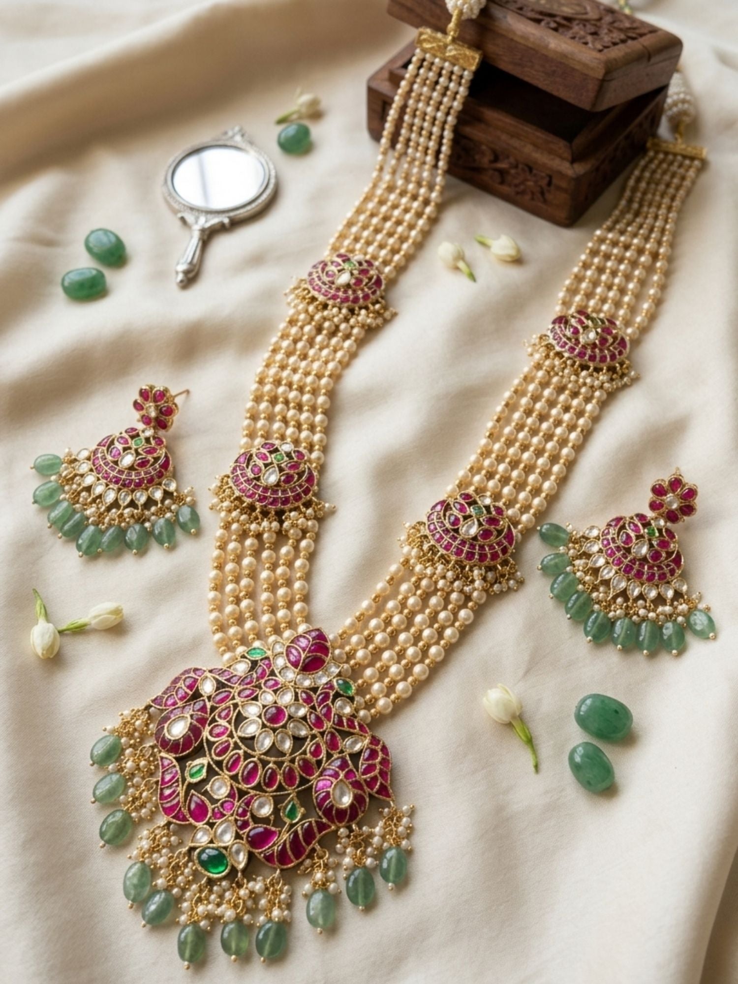 Abdesigns Royal Multi-Layer Pearl Kundan Necklace Set with Pink Stone Pendant