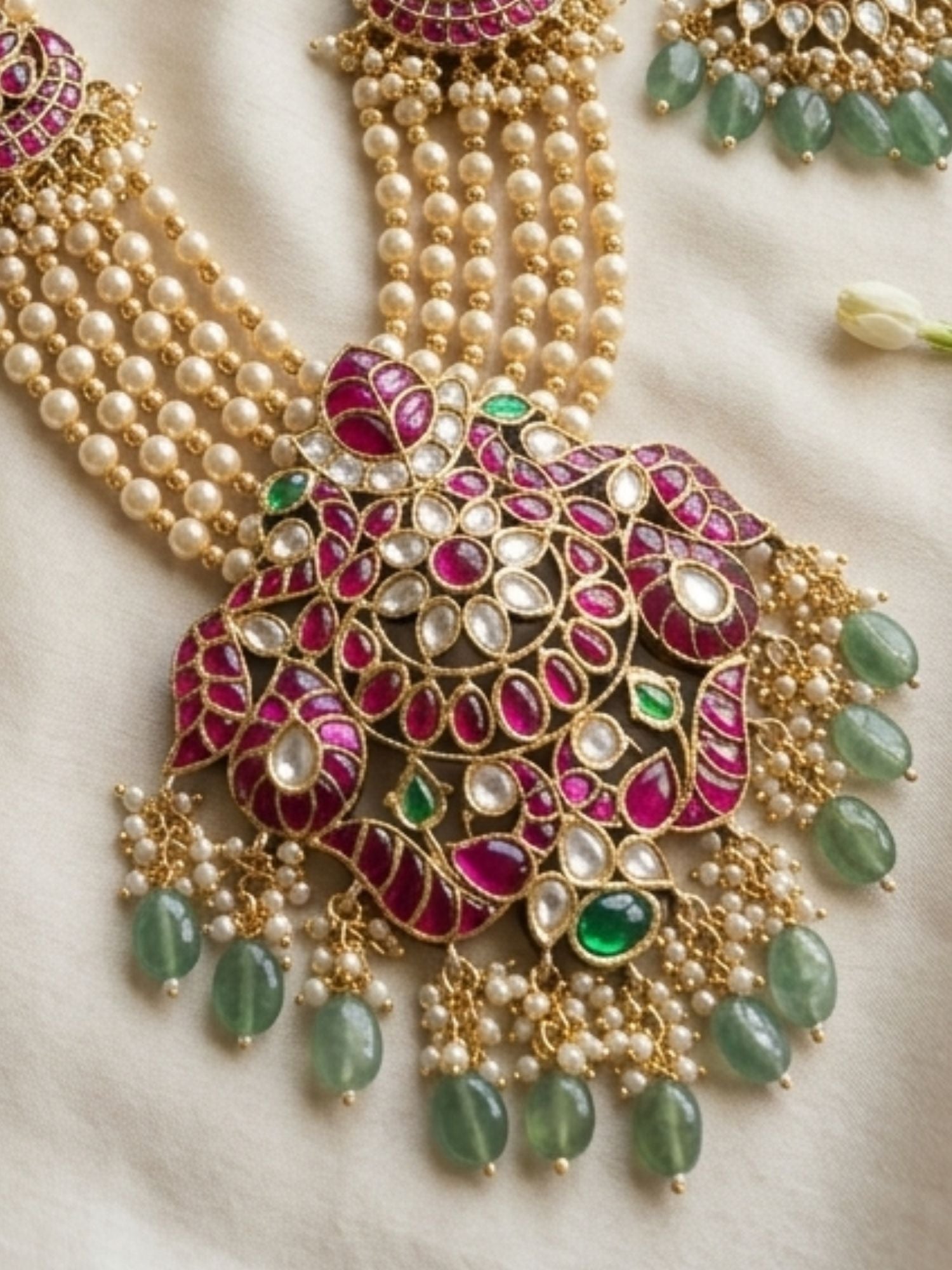 Abdesigns Royal Multi-Layer Pearl Kundan Necklace Set with Pink Stone Pendant