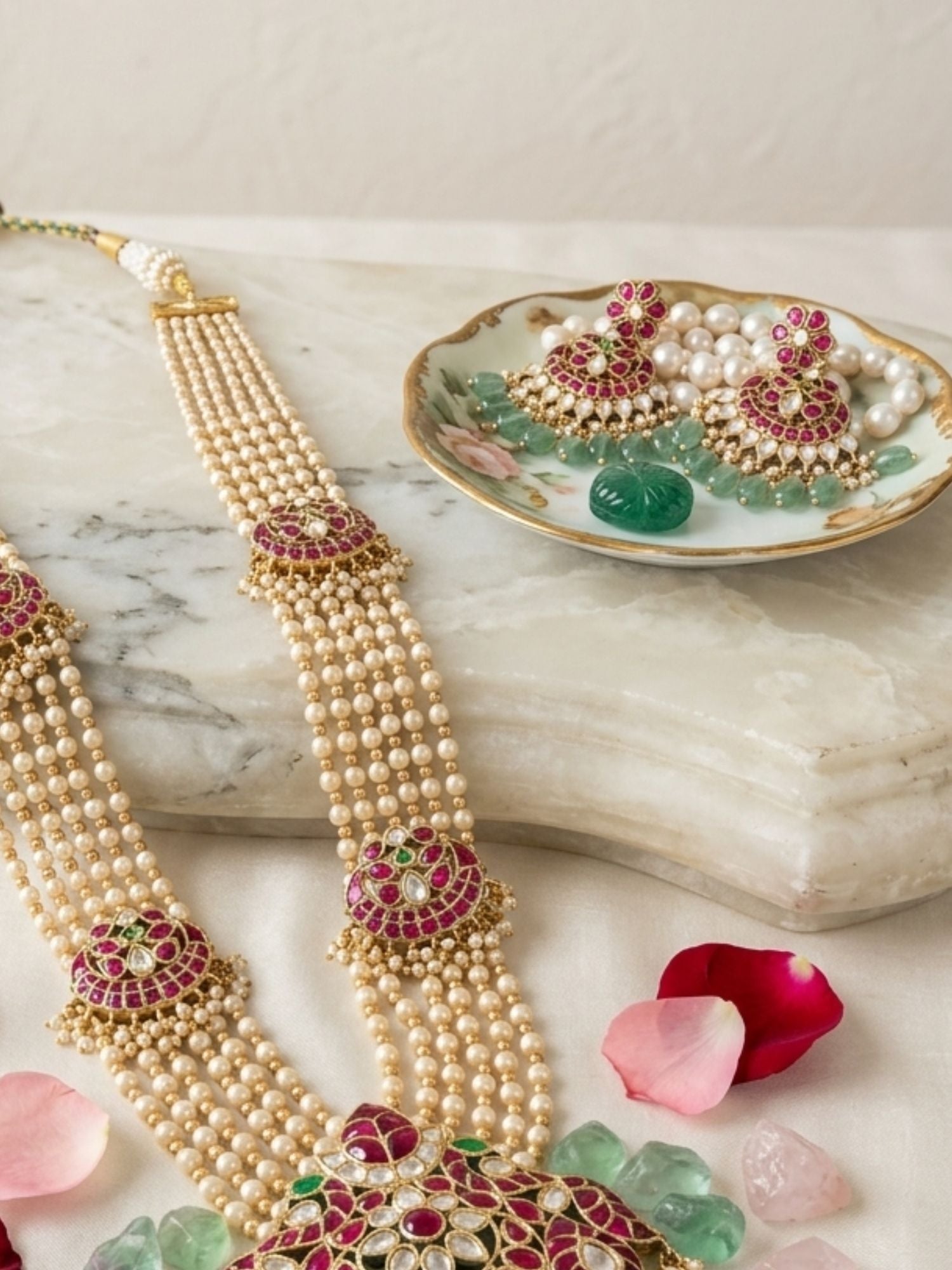 Abdesigns Royal Multi-Layer Pearl Kundan Necklace Set with Pink Stone Pendant
