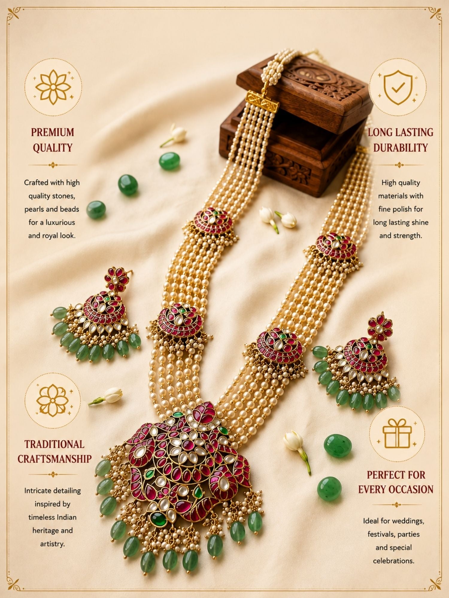 Abdesigns Royal Multi-Layer Pearl Kundan Necklace Set with Pink Stone Pendant