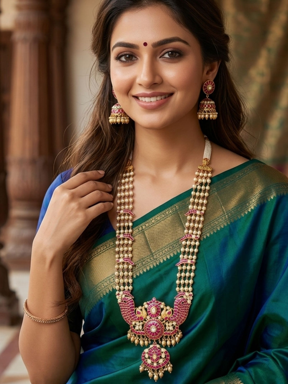Abdesigns Elegant Pearl & Rani Pink Kundan Long Necklace Set with Statement Pendant