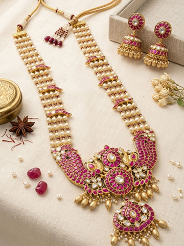 Abdesigns Elegant Pearl & Rani Pink Kundan Long Necklace Set with Statement Pendant