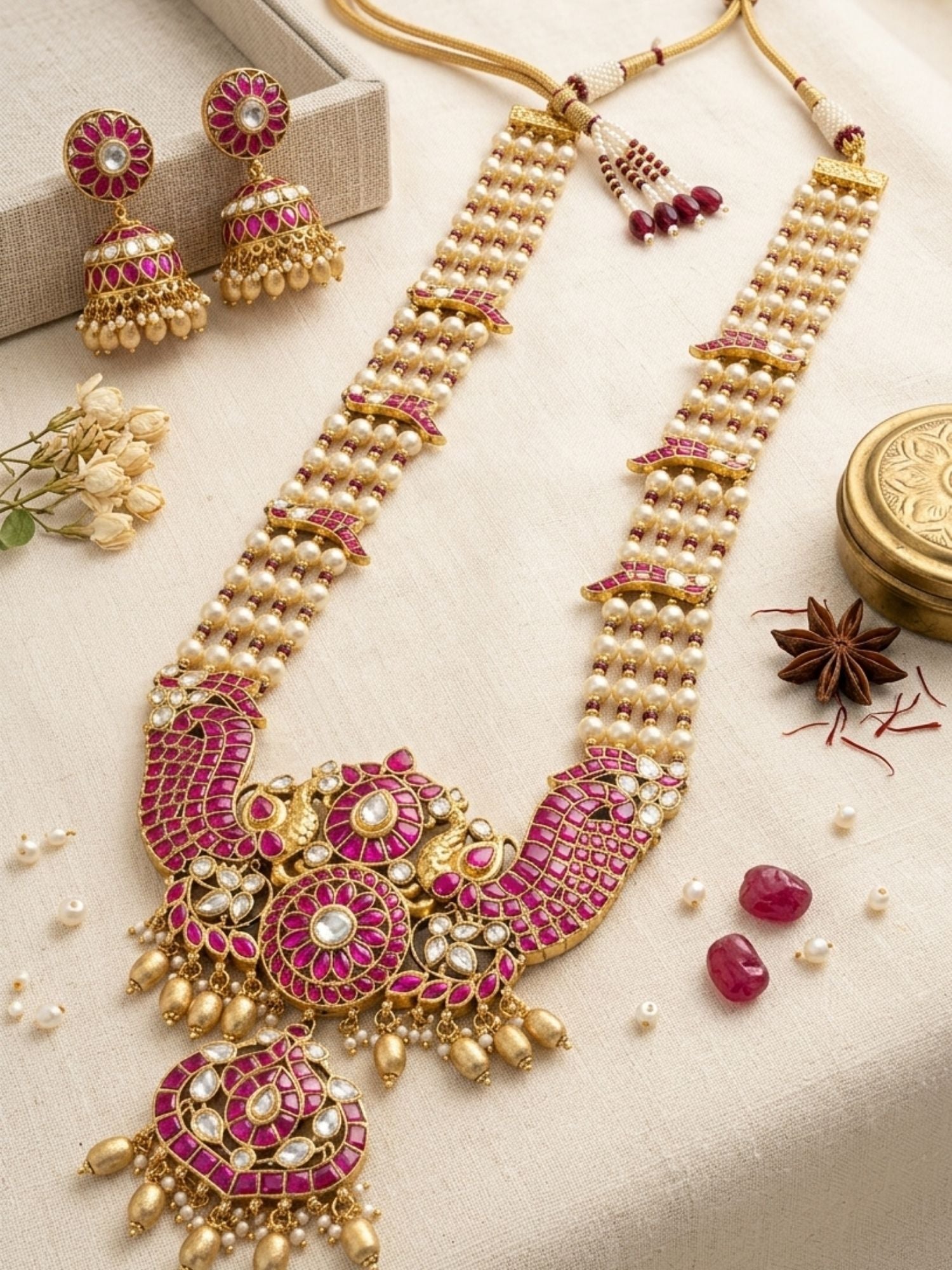 Abdesigns Elegant Pearl & Rani Pink Kundan Long Necklace Set with Statement Pendant