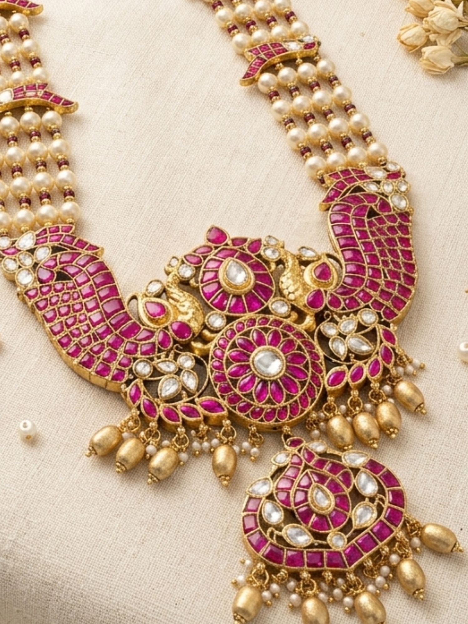 Abdesigns Elegant Pearl & Rani Pink Kundan Long Necklace Set with Statement Pendant