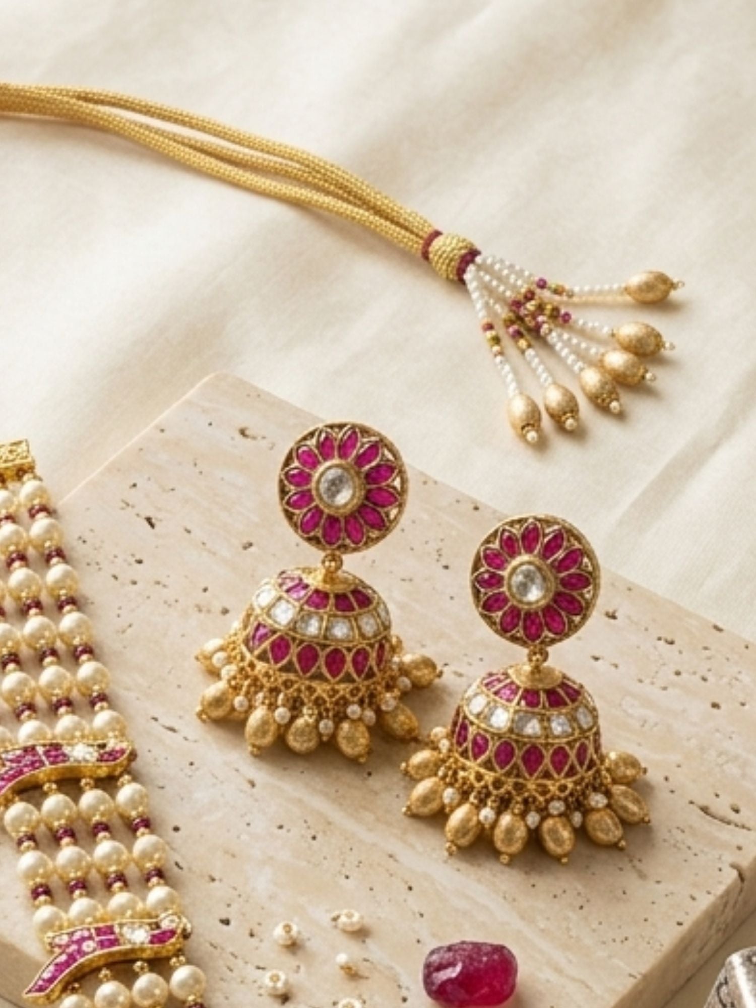 Abdesigns Elegant Pearl & Rani Pink Kundan Long Necklace Set with Statement Pendant