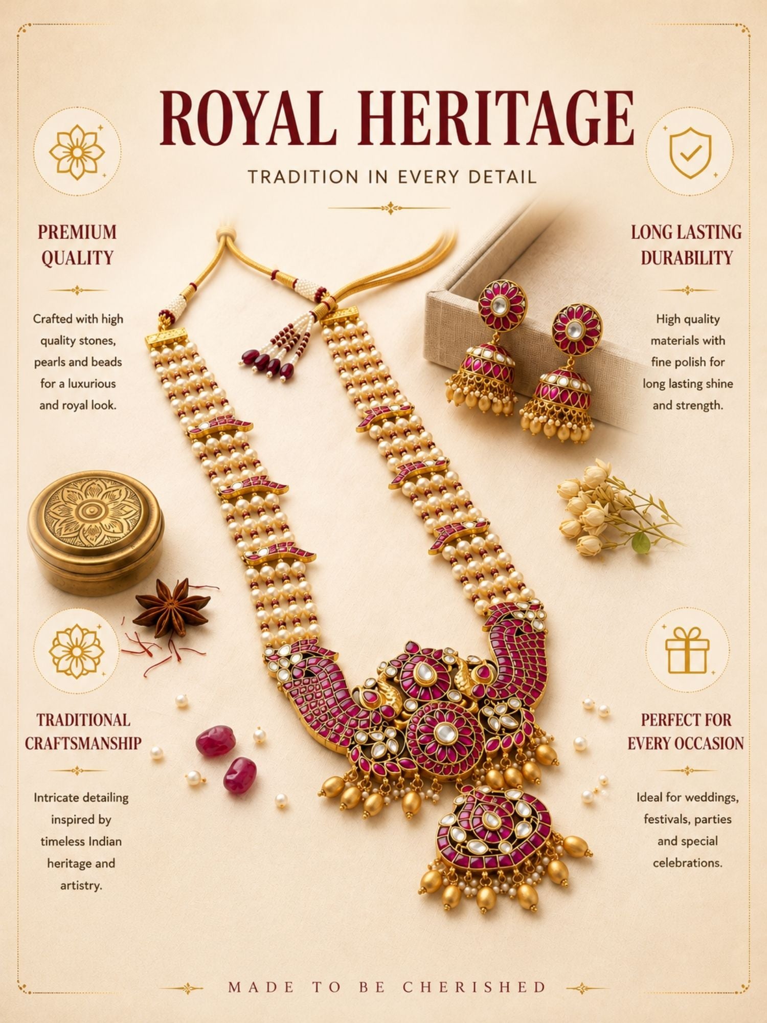 Abdesigns Elegant Pearl & Rani Pink Kundan Long Necklace Set with Statement Pendant