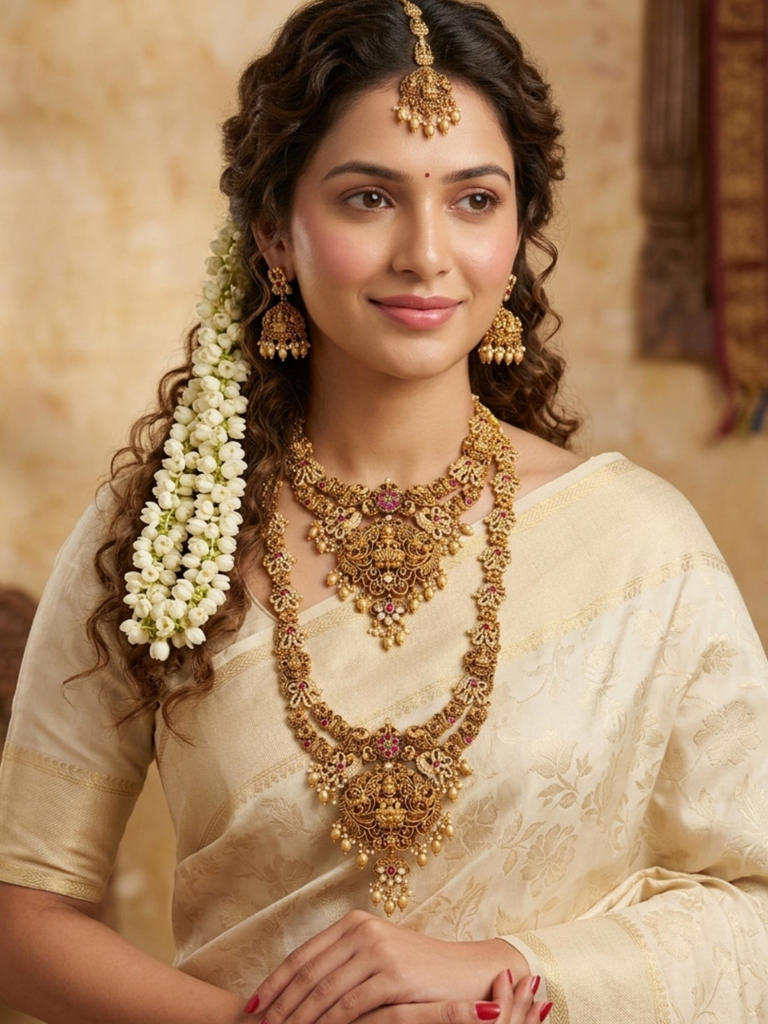 Abdesigns Royal Lakshmi Temple Bridal Set with Antique Gold Finish & Pearl Drops